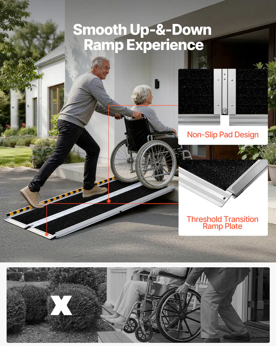 Person Down Ramp VEVOR Portable Wheelchair Ramp, 5FT, Non Slip Aluminum Folding Handicap ...