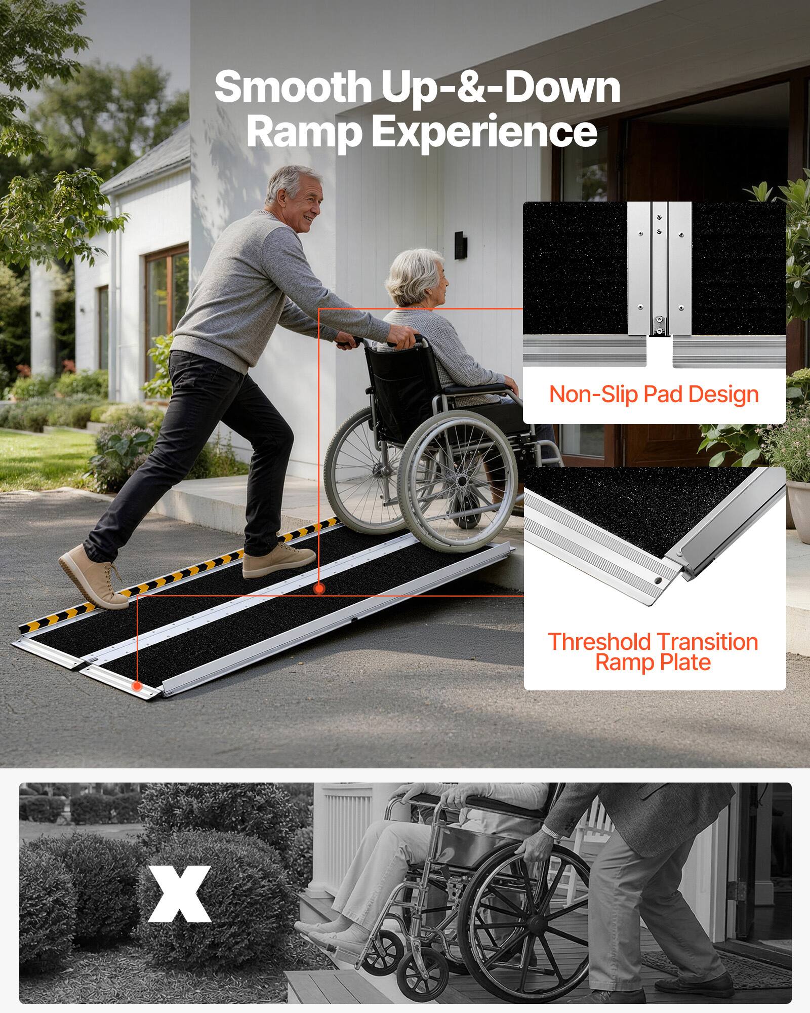 Smooth Up-&-Down Ramp Experience  
Non-Slip Pad Design  
Threshold Transition Ramp Plate