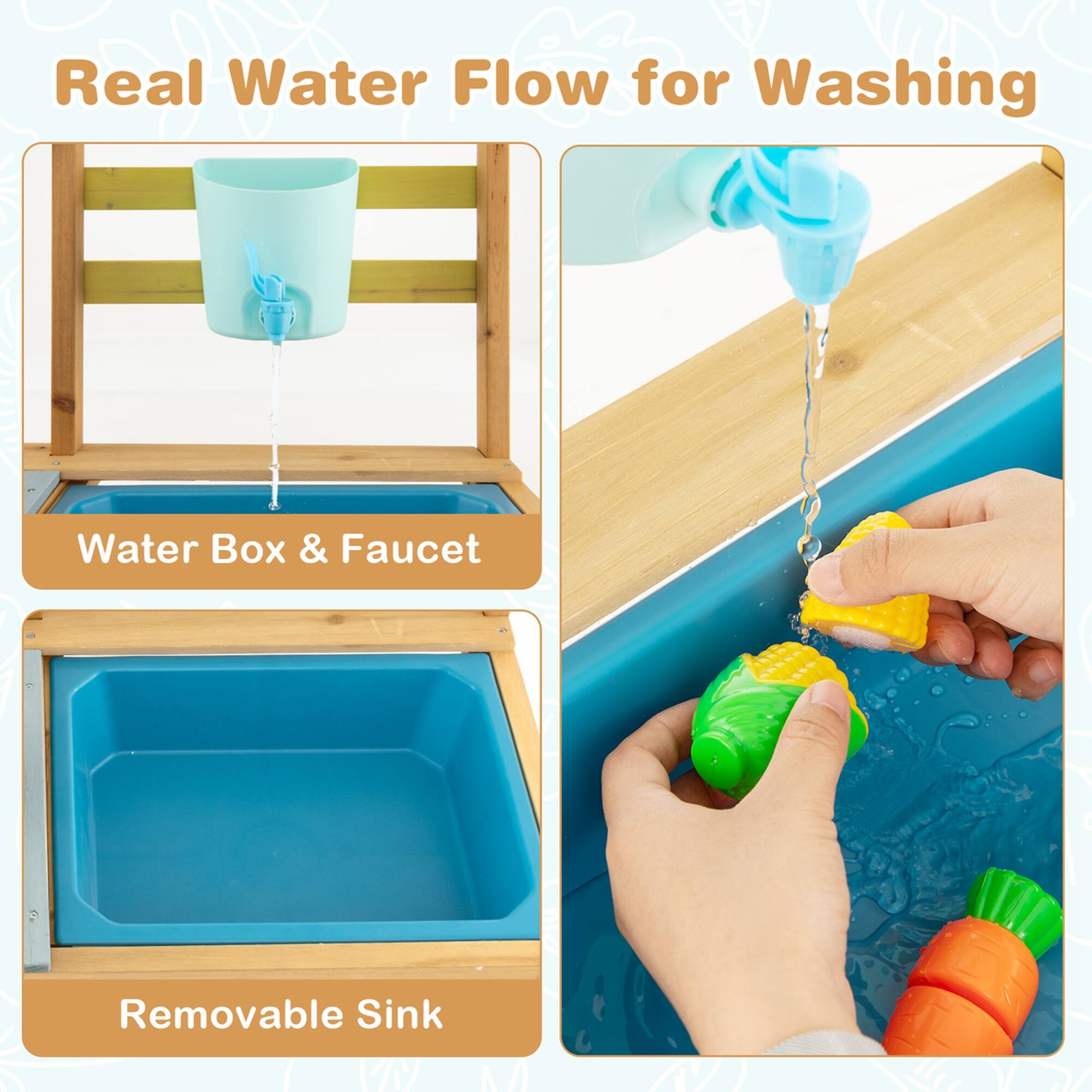 Real Water Flow for Washing

Water Box & Faucet

Removable Sink