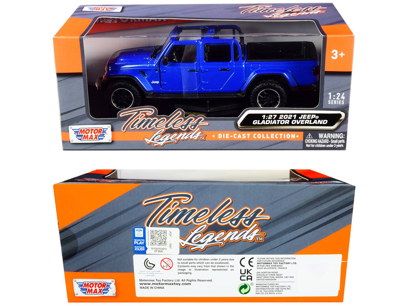 **Front Side:**

- **Top Left Corner:**
  - "MOTOR MAX"

- **Main Text:**
  - "Timeless Legends™"
  - "1:24 SERIES"
  - "2021 JEEP® GLADIATOR OVERLAND"
  - "DIE-CAST COLLECTION"

- **Warning:**
  - "WARNING: CHOKING HAZARD - Small parts. Not for children under 3 years."

- **Age Recommendation:**
  - "3+"

- **Bottom Left Corner:**
  - "MOTOR MAX"

**Back Side:**

- **Top Left Corner:**
  - "MOTOR MAX"

- **Main Text:**
  - "Timeless Legends™"

- **Warning:**
  - "WARNING: CHOKING HAZARD - Small parts. Not for children under 3 years."

- **Age Recommendation:**
  - "3+"

- **Text:**
  - "Not suitable for children under 3 years due to small parts which can be swallowed."

- **QR Code:**
  - (QR Code present)

- **Text:**
  - "Contents may vary from that shown in the image or illustration represented on packaging."

-