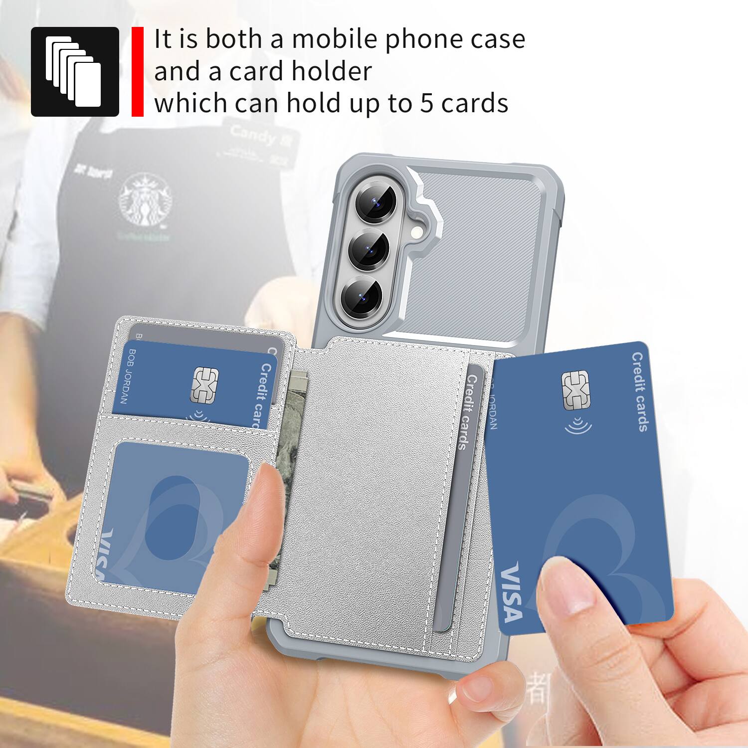 It is both a mobile phone case and a card holder which can hold up to 5 cards.