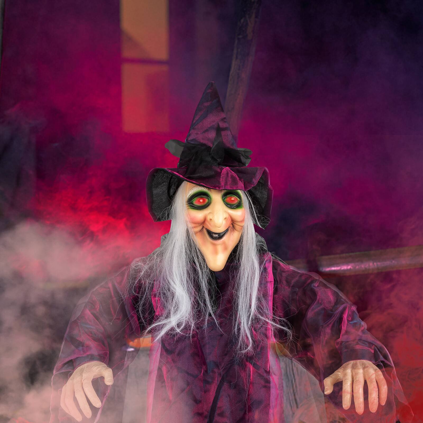Back. Sunoyar - 71" Life Size Hanging Witch Decoration, Animated Talking Halloween Prop with Sound, Indoor/Outdoor Haunted House Decor - Purple.
