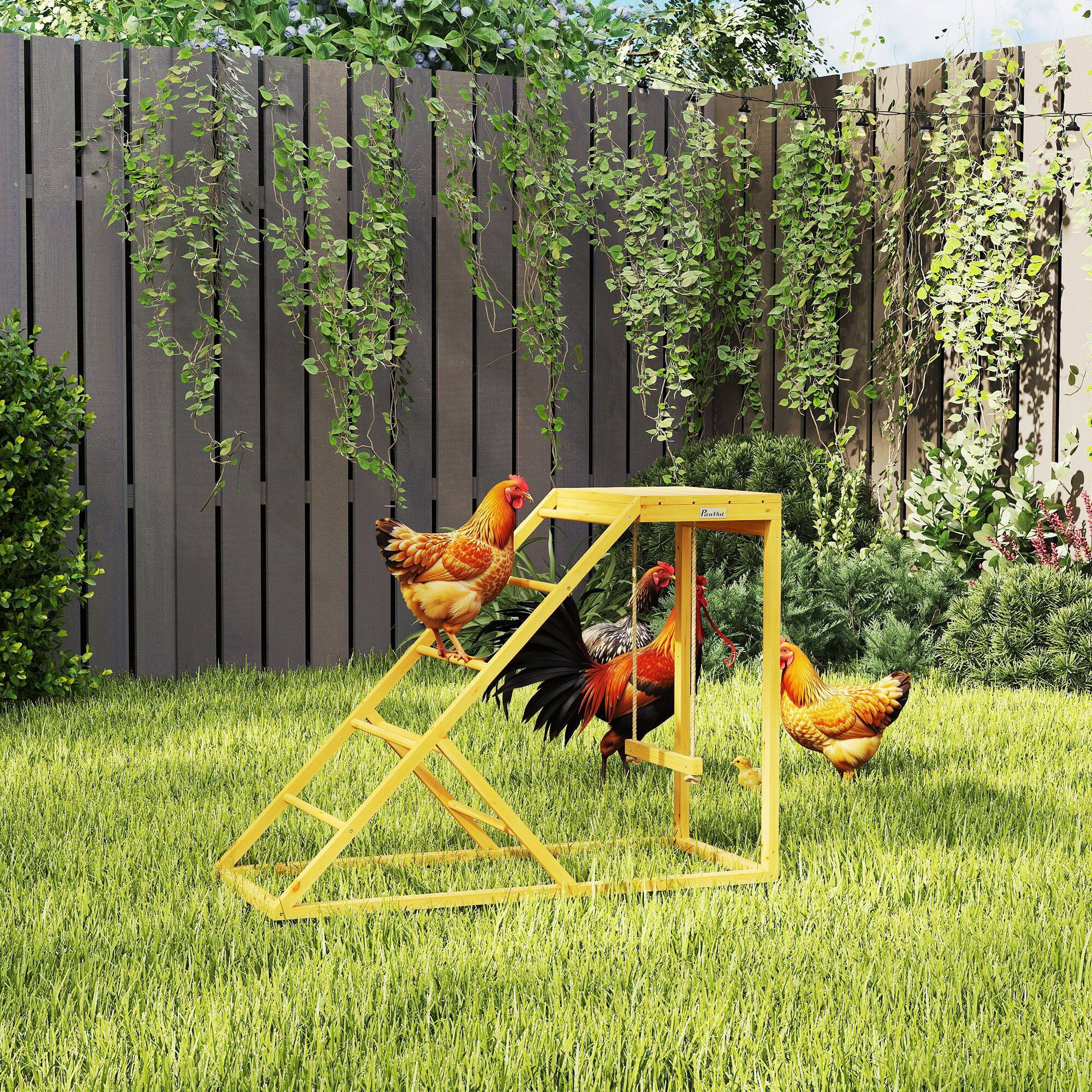 Angle. Pawhut - Chicken Activity Play for Healthy & Happy Animals, Swing Set with Chicken Perches & Hen Ladder, Chicken Coop Toy - Yellow.