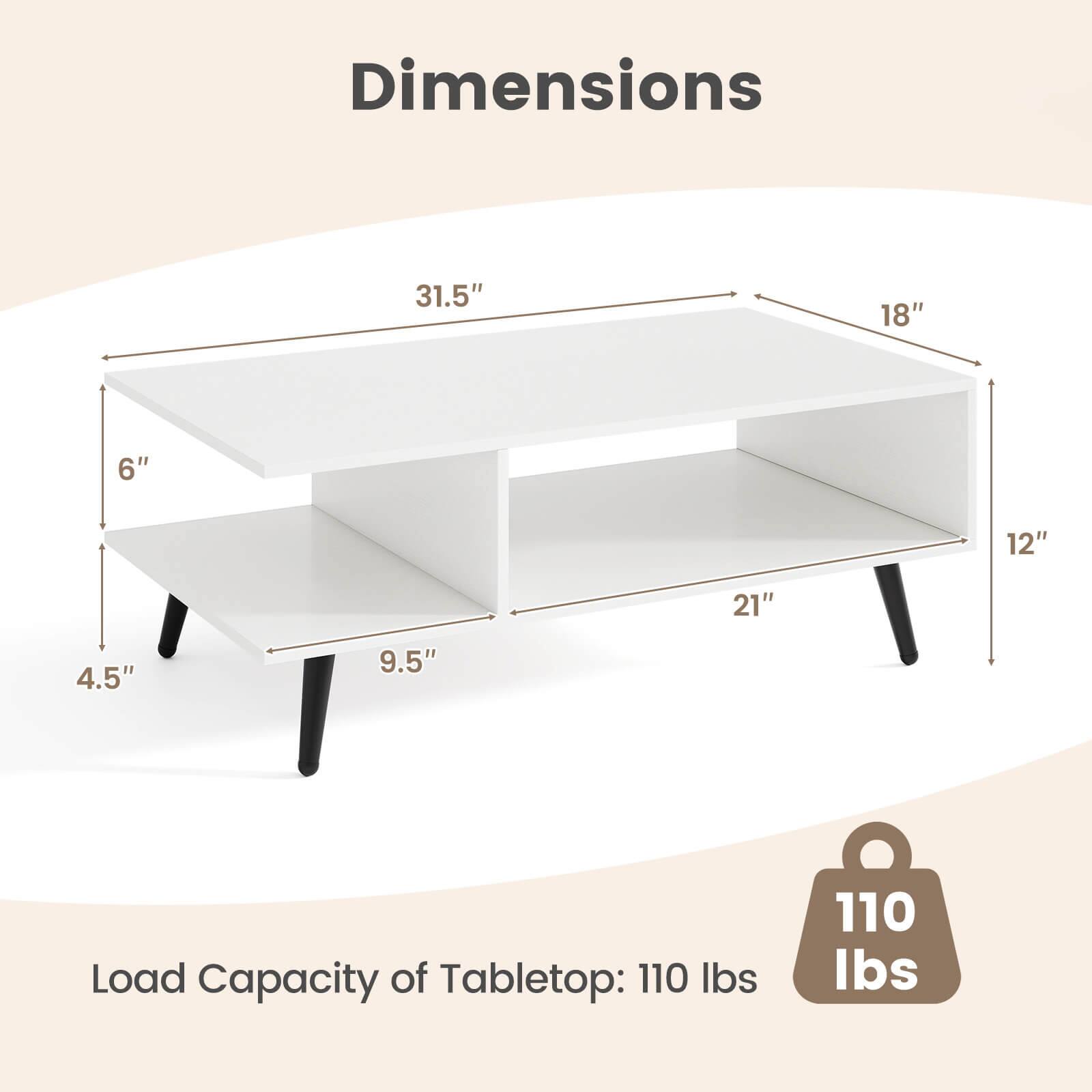 Dimensions: 31.5" x 18" x 6" x 12" x 21" x 4.5" x 9.5"  
Load Capacity of Tabletop: 110 lbs