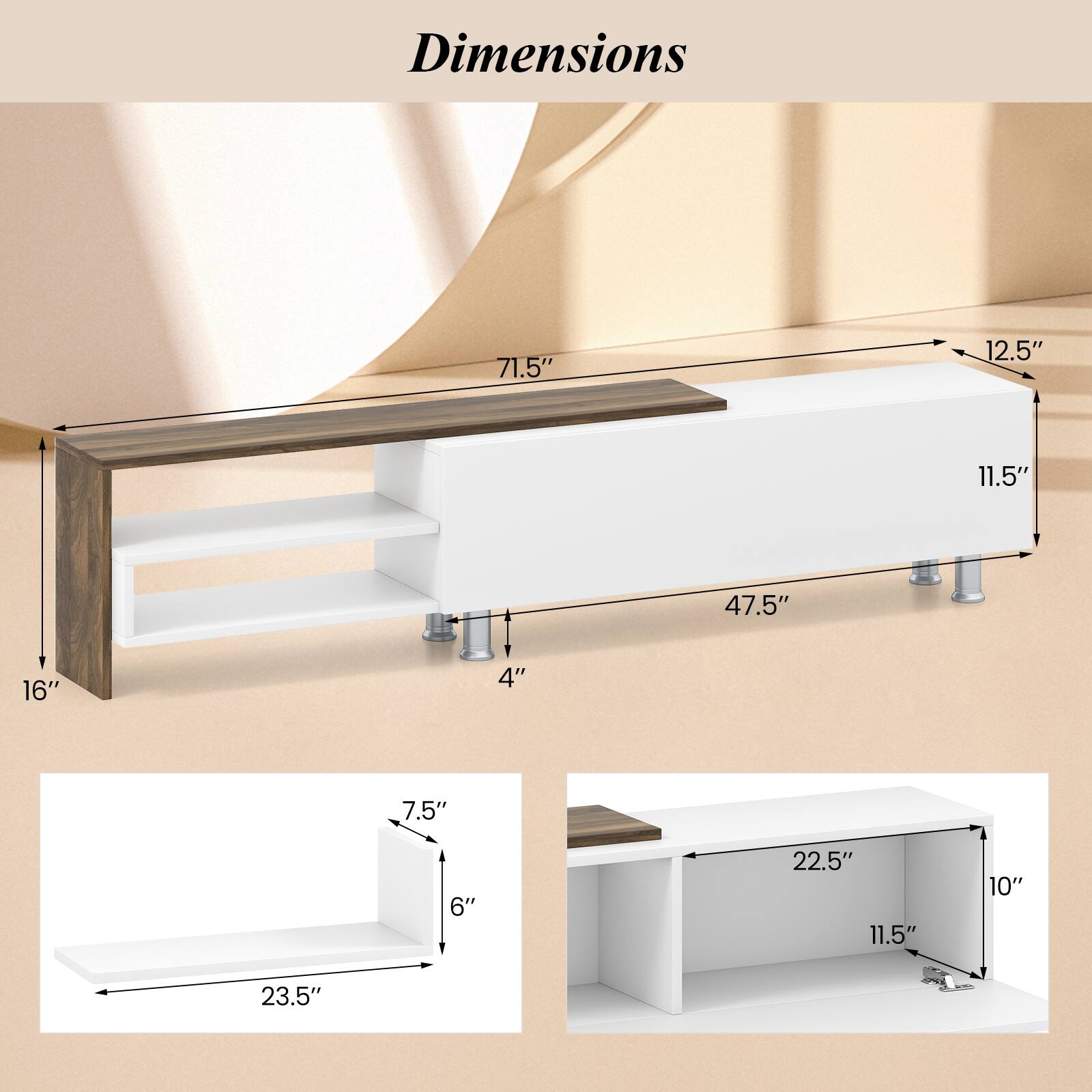 Dimensions: 71.5", 12.5", 11.5", 47.5", 16", 4", 7.5", 6", 22.5", 11.5", 10", 23.5"