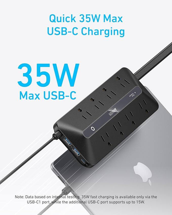 Quick 35W Max USB-C Charging  
35W Max USB-C  

Note: Data based on internal testing. 35W fast charging is available only via the USB-C1 port, while the additional USB-C port supports up to 15W.