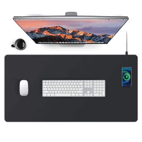 Earthley Blooms - Desk Mat With Wireless Pu Leather Fast Charging Gaming Mouse Pad Waterproof Anti-slip Surface Easy Clean - Black-right Side-32 * 16 inches