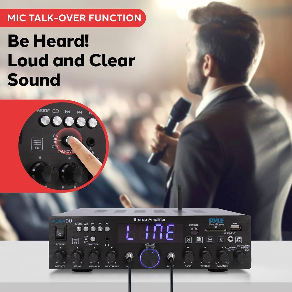 MIC TALK-OVER FUNCTION  
Be Heard! Loud and Clear Sound  

PDA4 BU  
Stereo Amplifier  
PYLE  
PyleUSA.com  

MODE  
EQ OFF  
TALKOVER ON  

MIC/VOL  
ECHO  
MIC-BASS  
MIC-TREBLE  
M1  
M2  
BASS  
TREBLE  
BALANCE  

LINE INPUT  
REMOTE  
USB  
DIGITAL LINE IN  
CO-PHONO  
AMPLIFIER  
100W  

L  
R