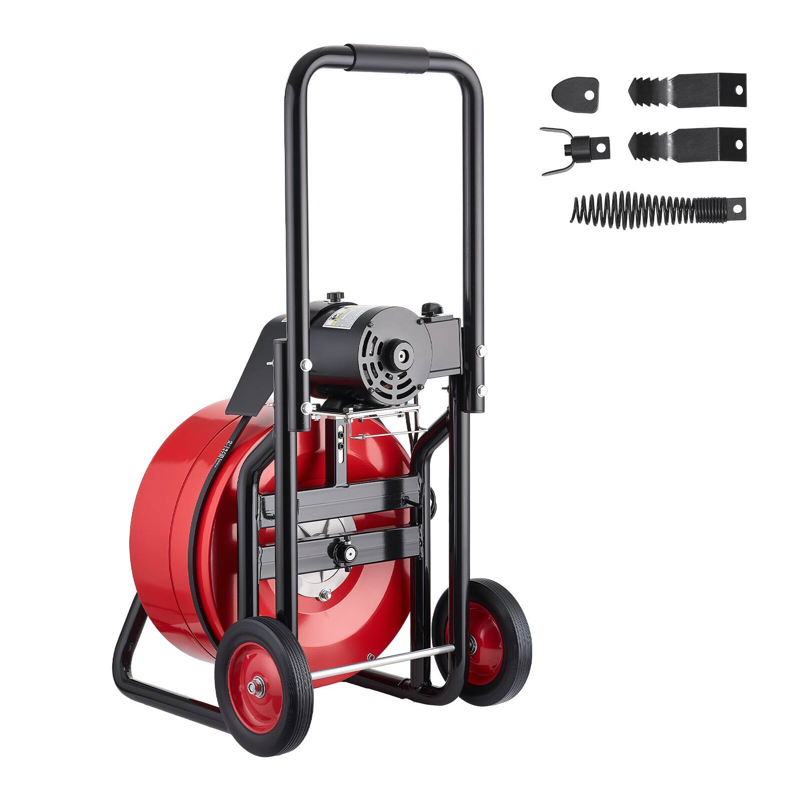 Alt View 5. VEVOR - Drain Cleaner Machine 100 FT x 3/4 Inch, Auto Feed Sewer Snake Auger on Wheels, Portable Drain Cleaning Machine - Black stand + red drum.