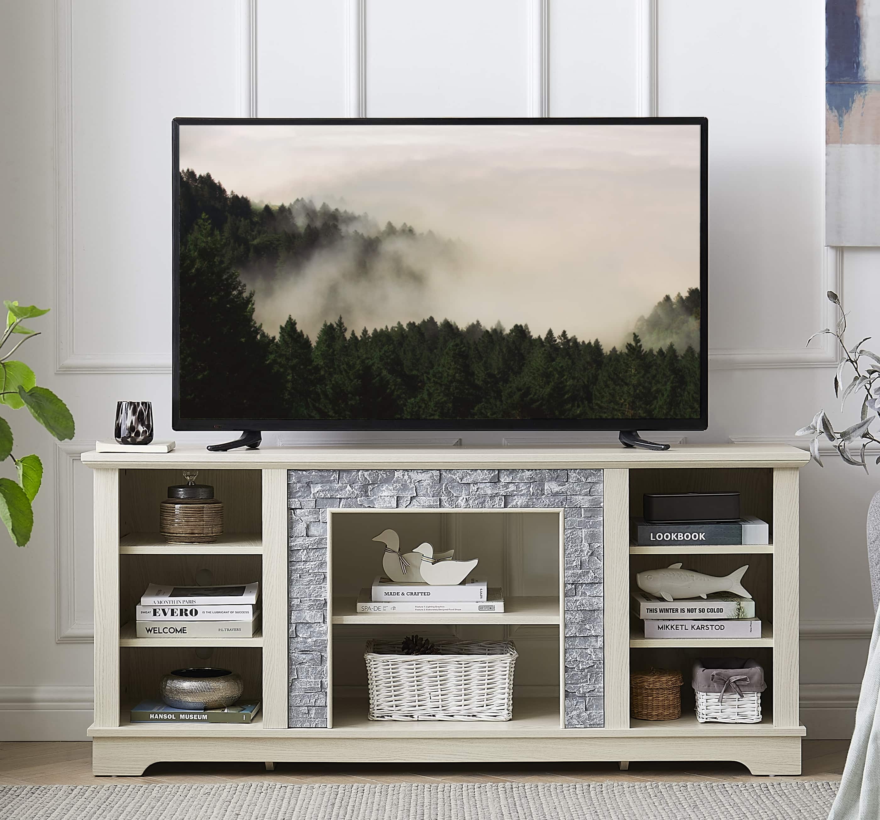 TinyHomie - Mantel Stone TV Media Stand with with Faux Stacked Stone Surround Modern Entertainment Console with Open Storage Space - White