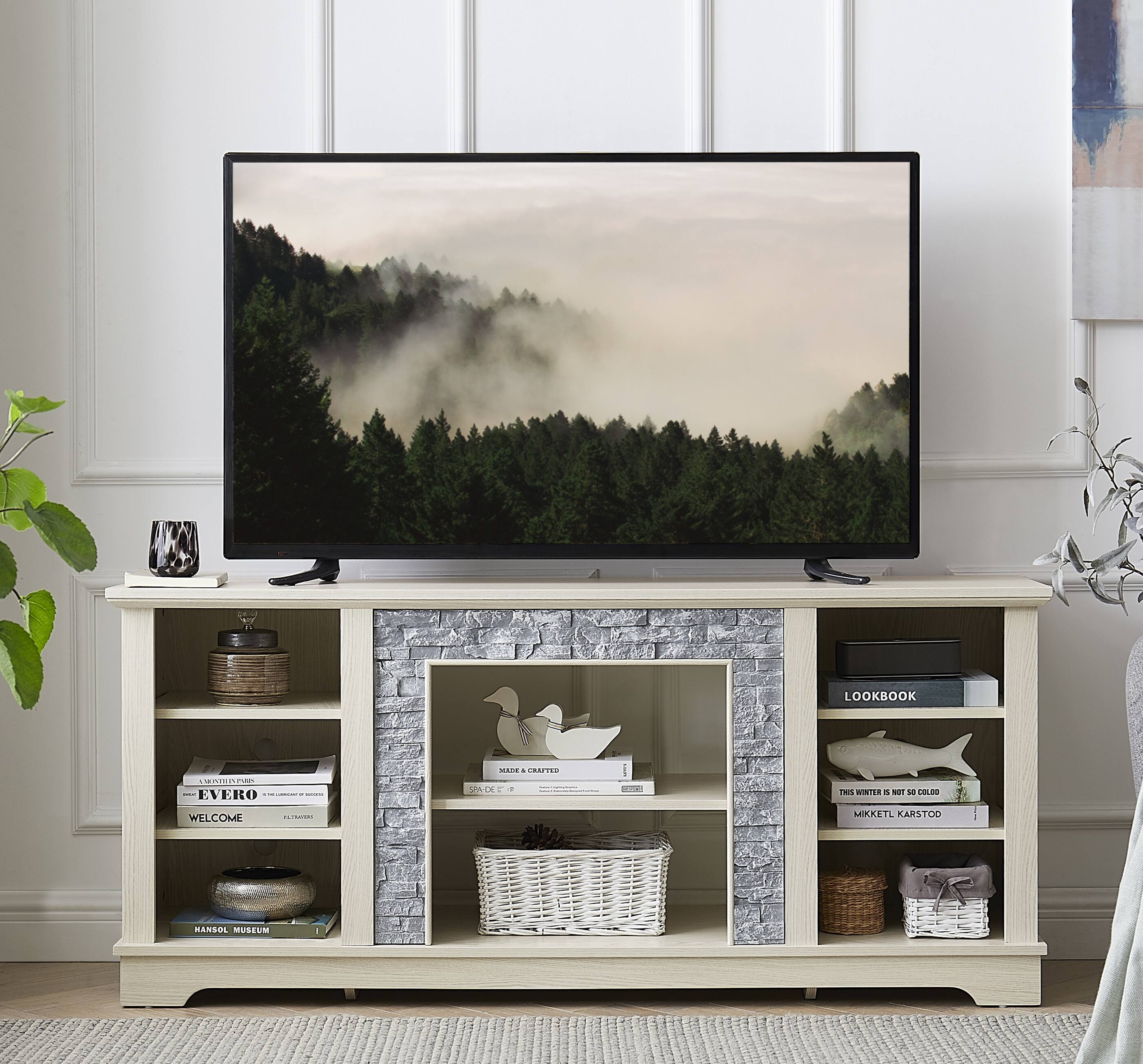 Front. TinyHomie - Mantel Stone TV Media Stand with with Faux Stacked Stone Surround Modern Entertainment Console with Open Storage Space - White.