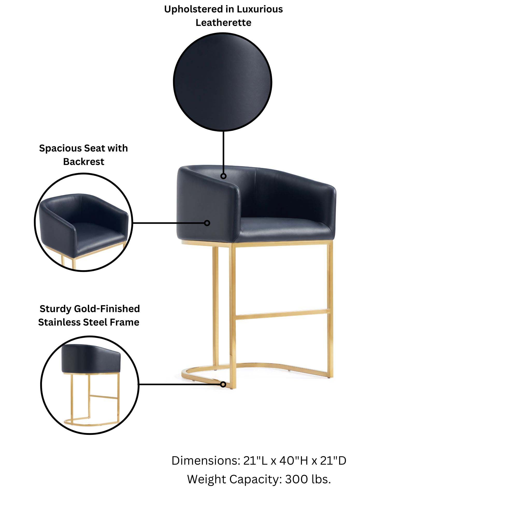 Upholstered in Luxurious Leatherette  
Spacious Seat with Backrest  
Sturdy Gold-Finished Stainless Steel Frame  
Dimensions: 21"L x 40"H x 21"D  
Weight Capacity: 300 lbs.