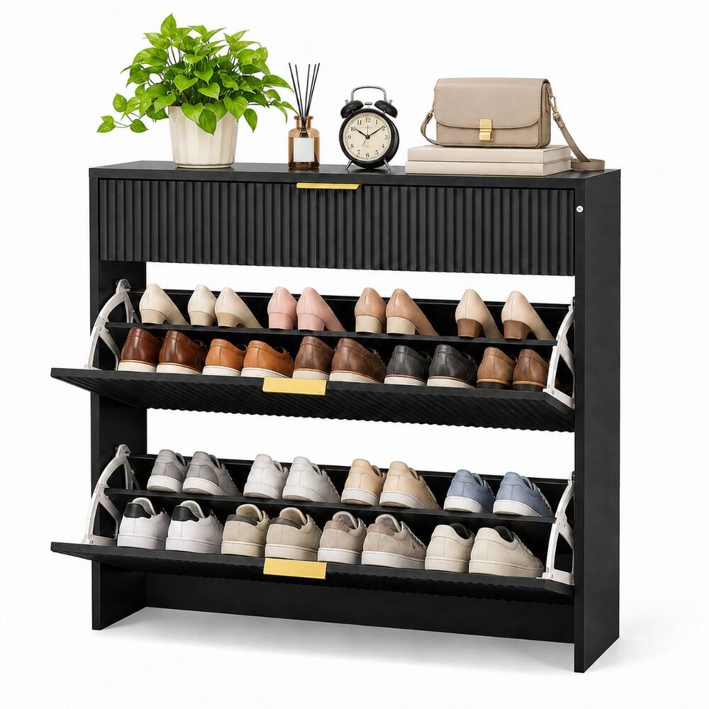 Left. Loheer - Loheer Narrow Fluted Shoe Cabinet, Black Shoe Cabinet with Gold Handles, Flip Drawers - Black.