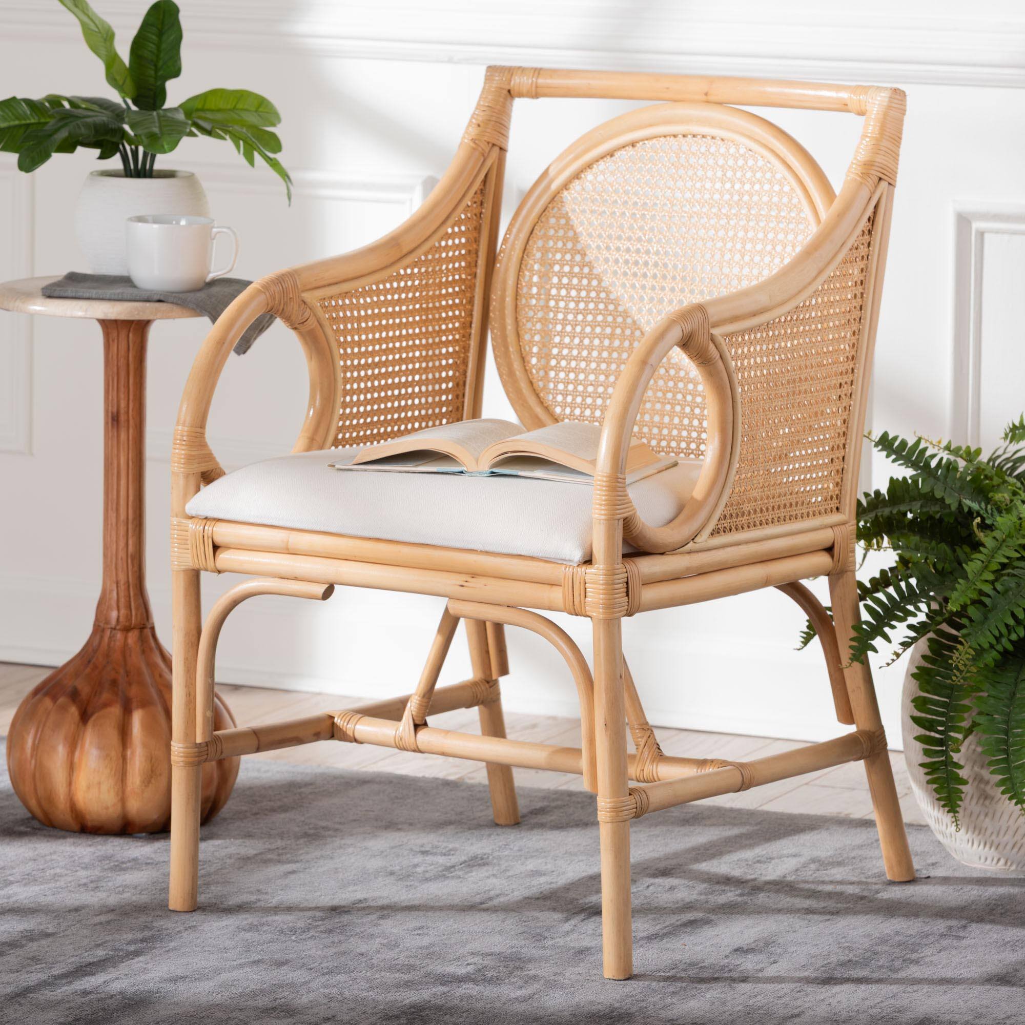 Alt View 4. bali & pari - Matt Natural Rattan Armchair with Upholstered Seat - Natural Rattan/White.