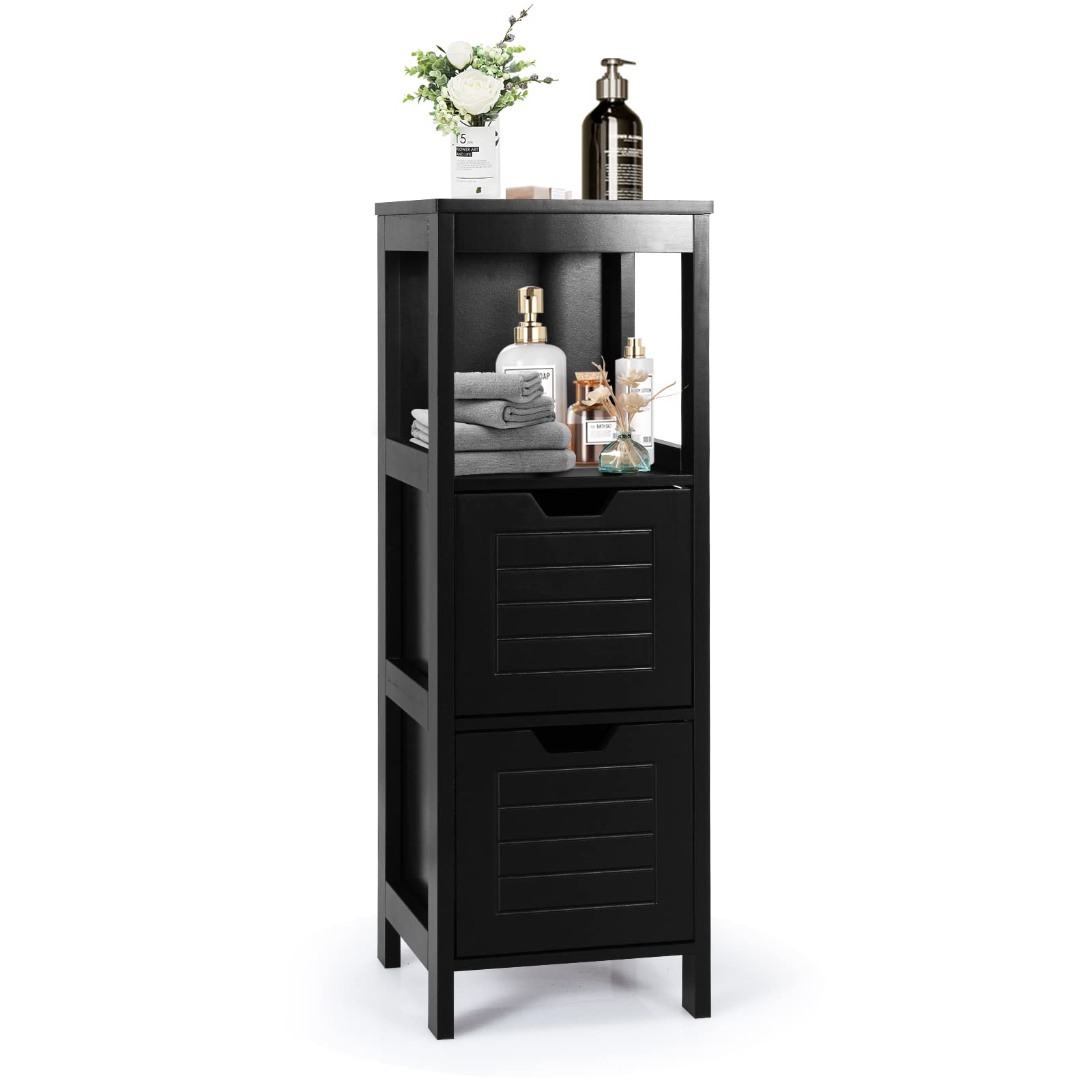 Ecooso - Wooden Freestanding Bathroom Storage Cabinet with Shelves and Multifunction Organizer Rack - Black