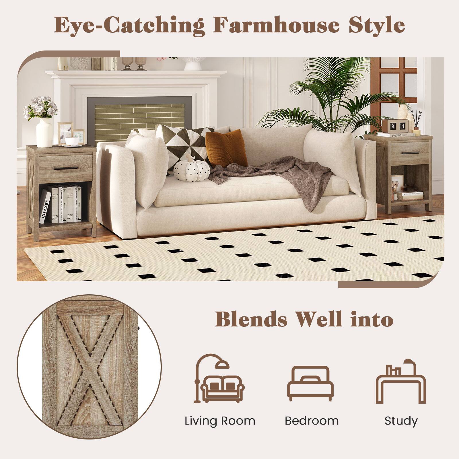 Eye-Catching Farmhouse Style

Blends Well into

Living Room
Bedroom
Study