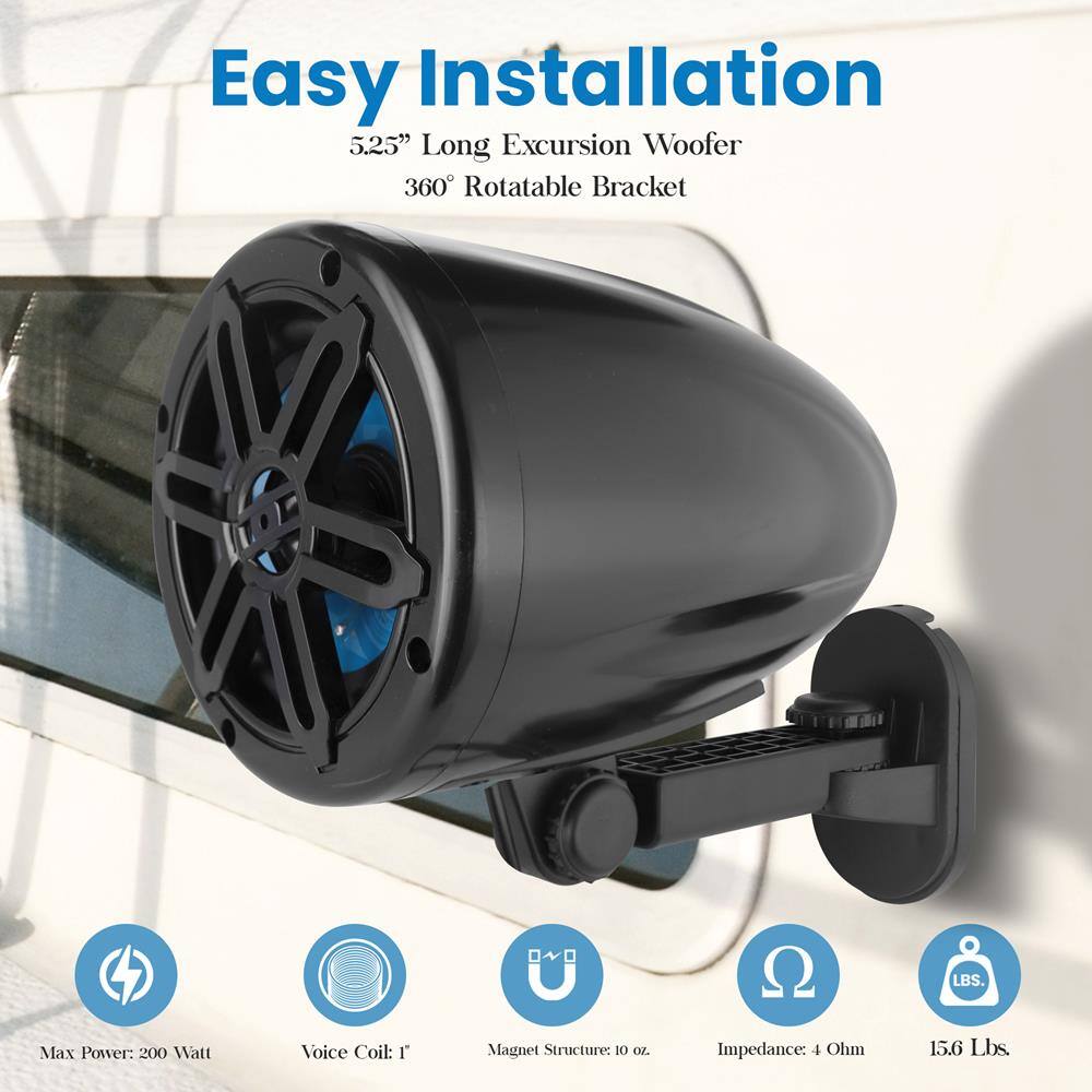 Easy Installation  
5.25" Long Excursion Woofer  
360° Rotatable Bracket  

Max Power: 200 Watt  
Voice Coil: 1"  
Magnet Structure: 10 oz.  
Impedance: 4 Ohm  
15.6 Lbs.