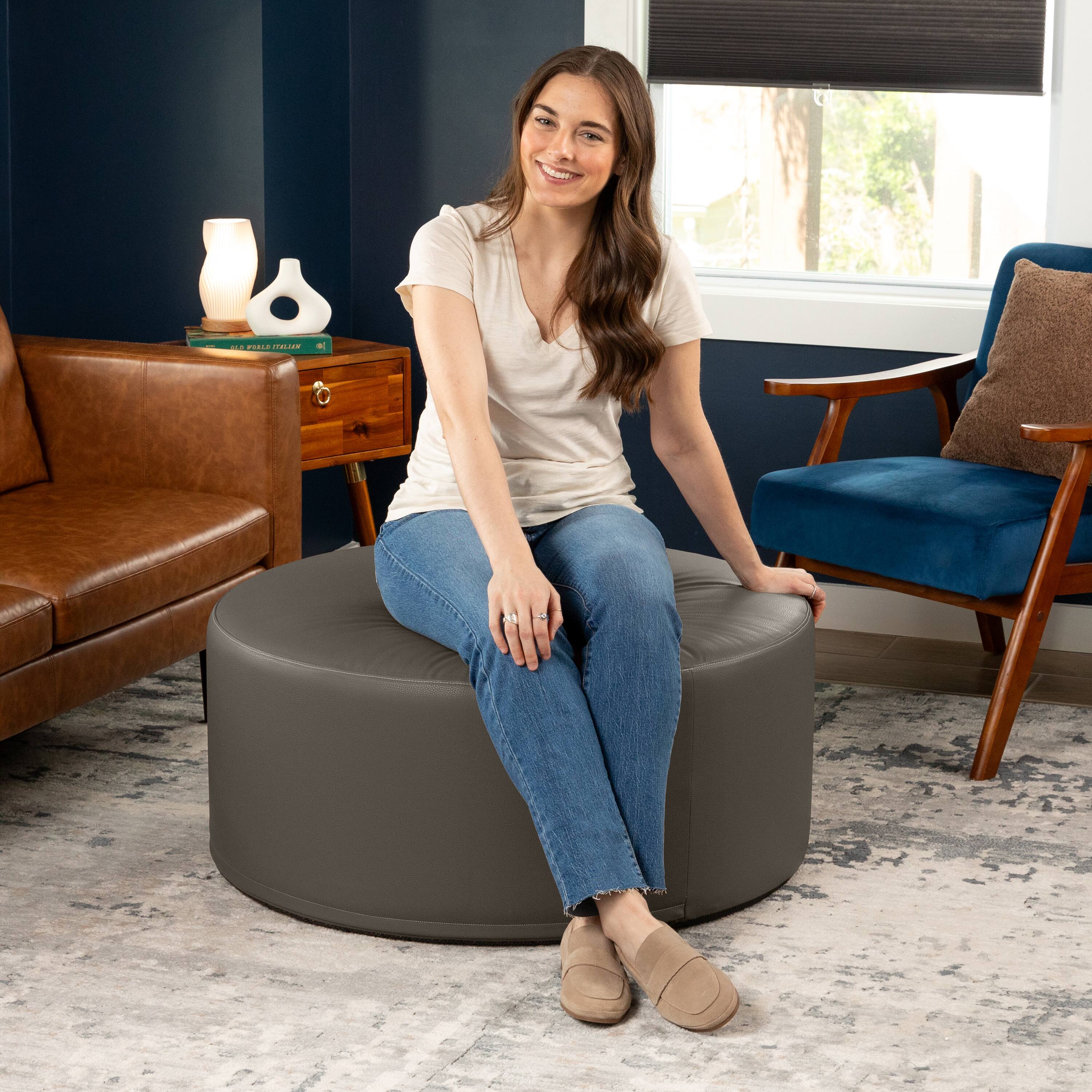 Left. Jaxx - Jaxx Candler Round Couch Oversized Giant Coffee Table Ottoman, Kid Safe with Removable Cover, Gunmetal - Faux Leather Gunmetal.