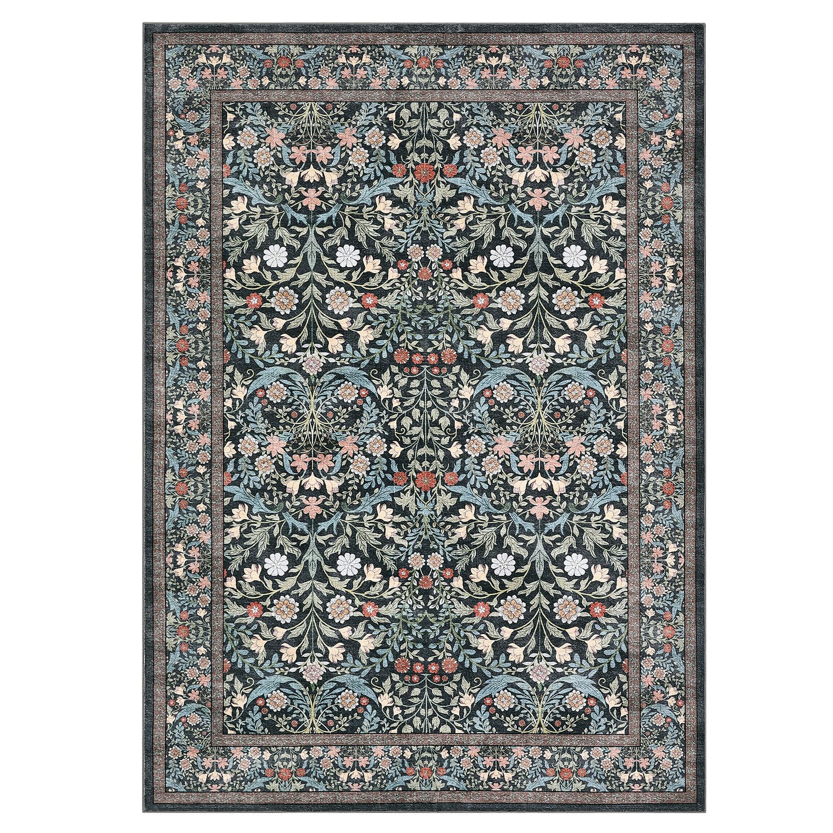 Jojoka - Pastoral Floral Print Washable Area Rug Vintage Soft Non Slip Non Shedding Low Pile Rug for Living Room Dining Room - Black