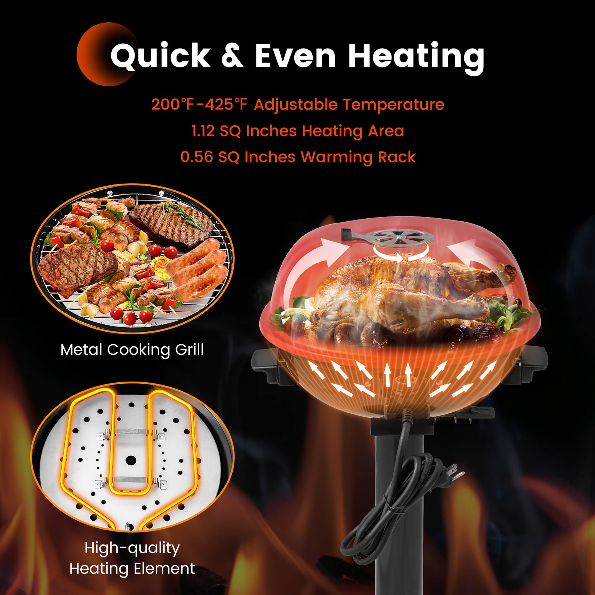 Quick & Even Heating: 200F-425F Adjustable Temperature, 1.12 SQ Inches Heating Area, 0.56 SQ Inches Warming Rack, Metal Cooking Grill, High-quality Heating Element.