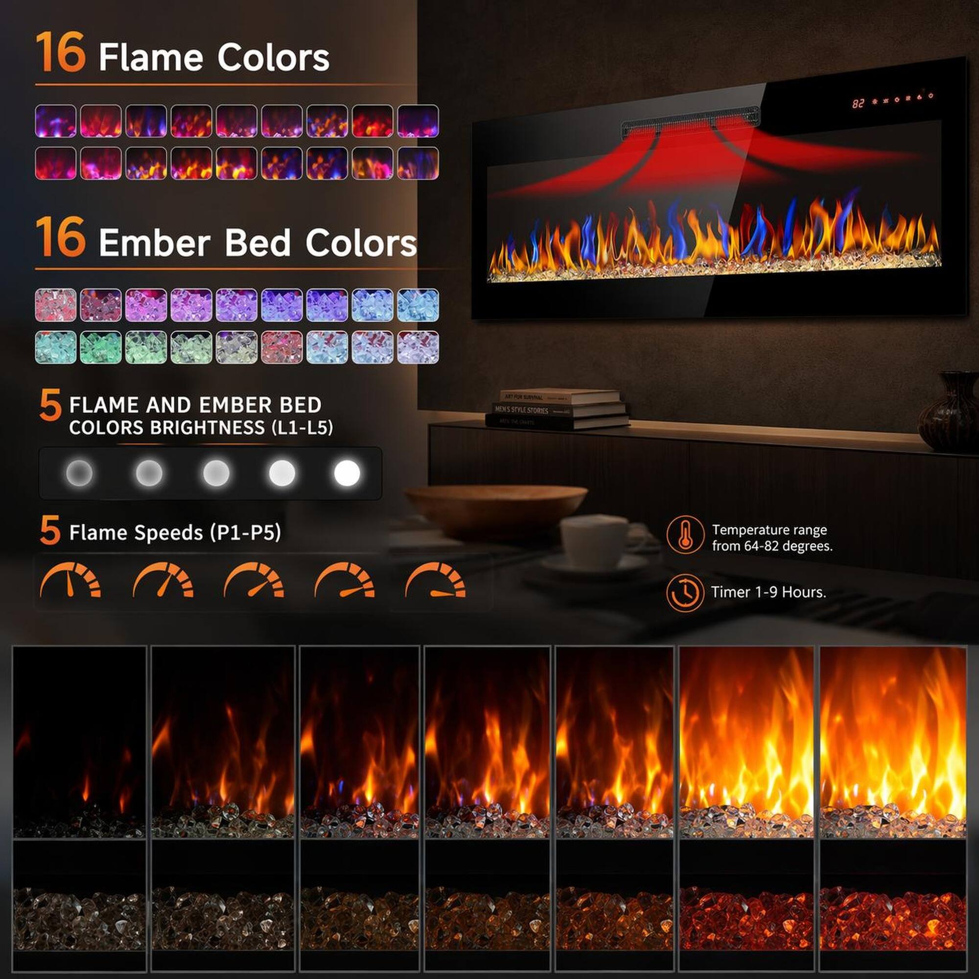 16 Flame Colors  
16 Ember Bed Colors  
5 Flame and Ember Bed Colors Brightness (L1-L5)  
5 Flame Speeds (P1-P5)  
Temperature range from 64-82 degrees.  
Timer 1-9 Hours.