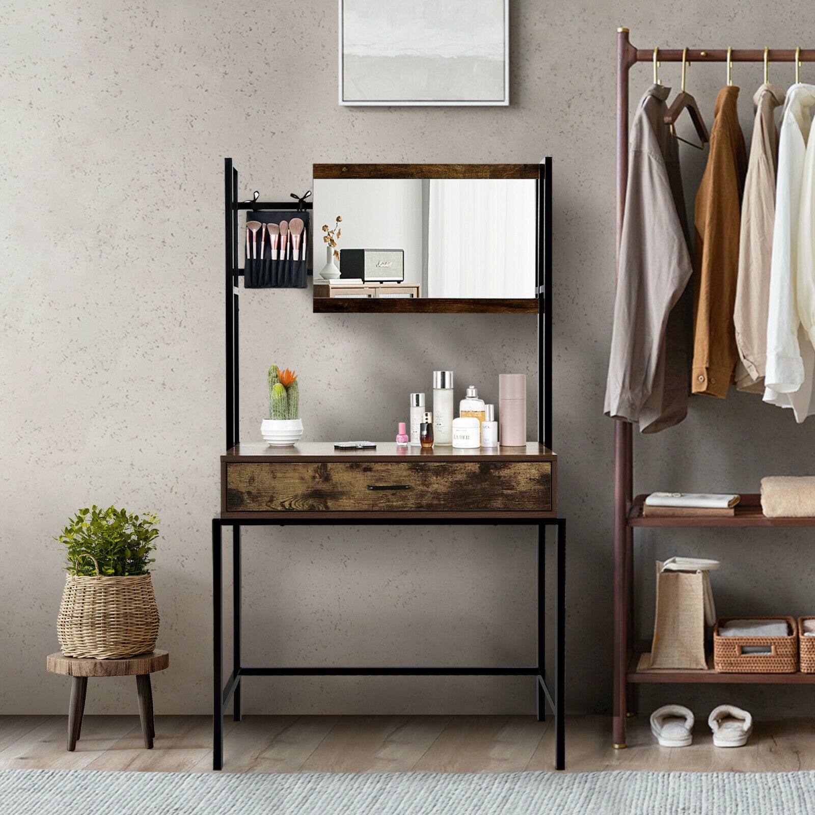 Alt View 1. Ecooso - 3-Position Industrial Vanity Table with Adjustable Mirror and Storage Drawers - Brown.