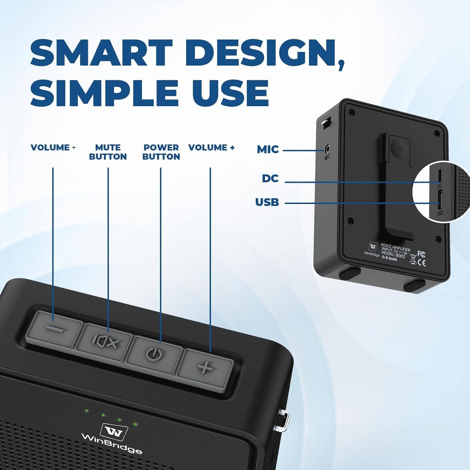 SMART DESIGN, SIMPLE USE

VOLUME -  
MUTE BUTTON  
POWER BUTTON  
VOLUME +  
MIC  
DC  
USB  

VOICE AMPLIFIER  
MODEL: B002  
WinBridge  
FC  
CE  

WinBridge
