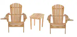 Jiallo - Foldable Adirondack Chair with cup holder Bristro Set, 2 Chairs with cup holders and 1 End Table - NATURAL