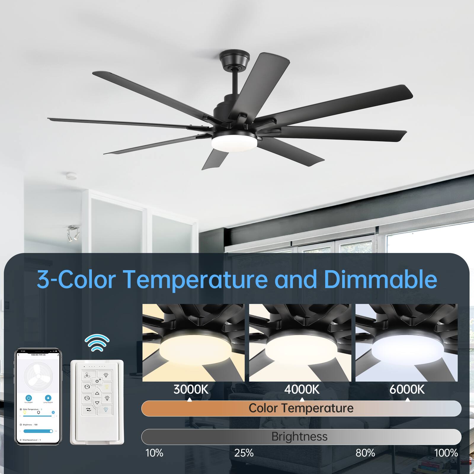 3-Color Temperature and Dimmable

3000K 4000K 6000K

Color Temperature

10% 25% 80% 100%

Brightness