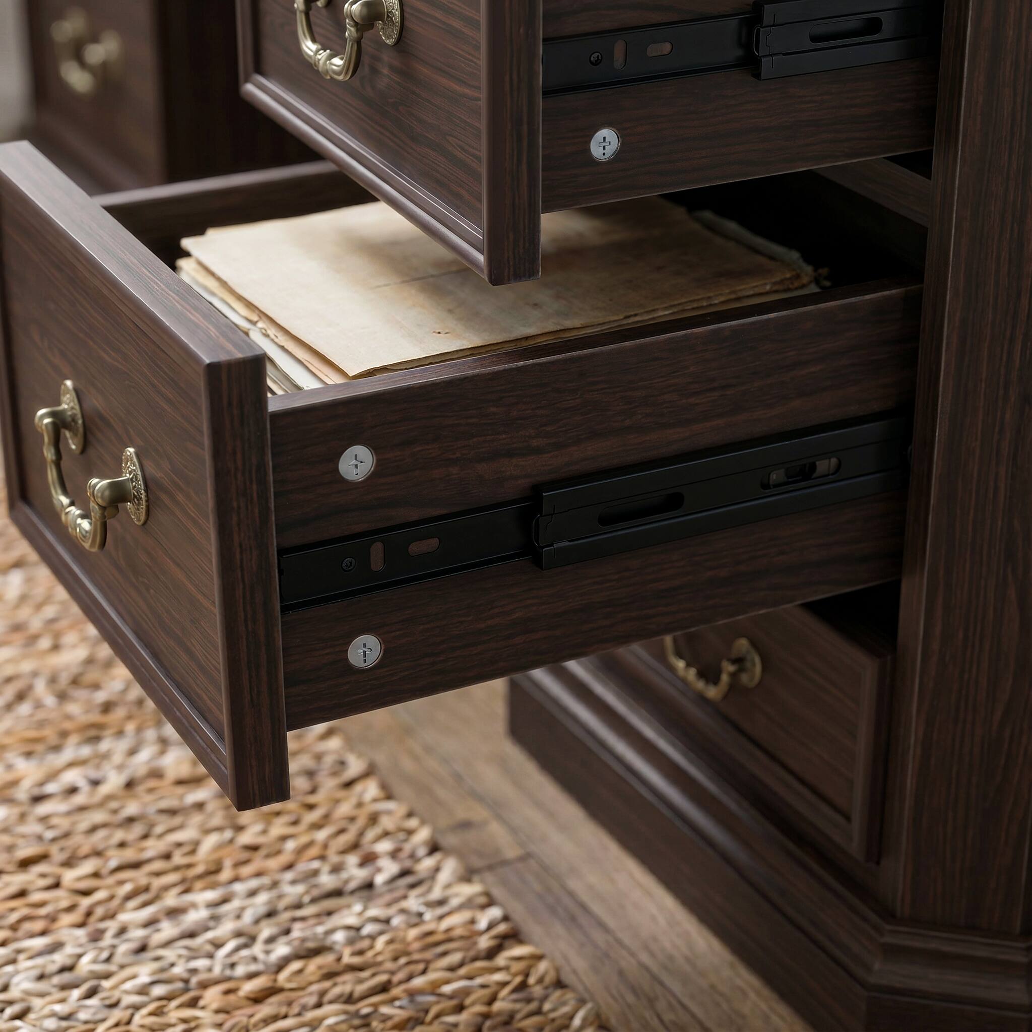 Alt View 5. Famapy - Bookcase Desk with Hutch & Drawers, Large Computer Desk with Arched Shelves for Home Library Student Writing Station - Dark Brown.