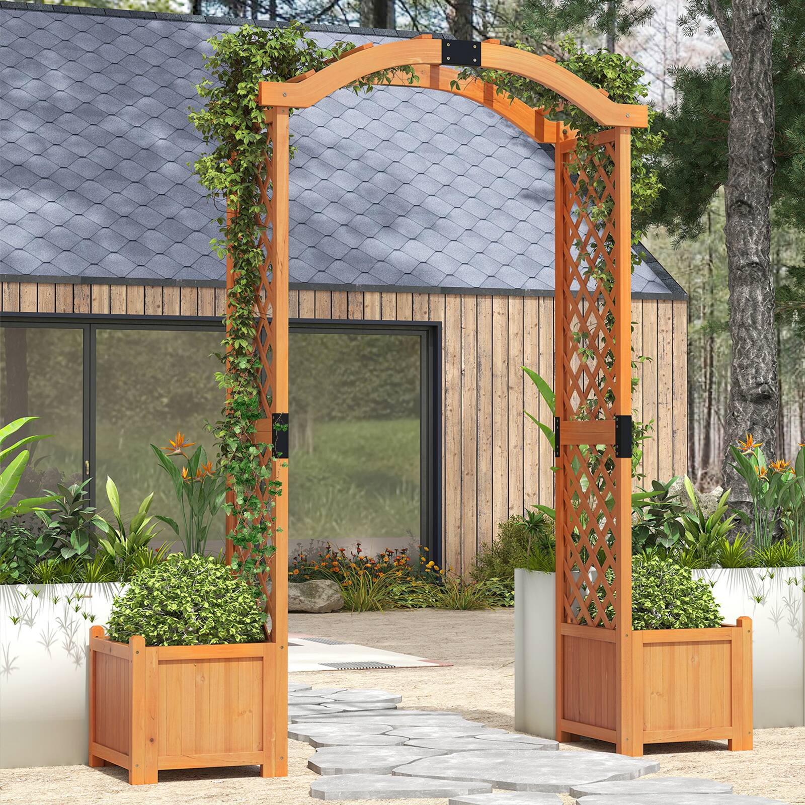 Alt View 4. Gymax - Gymax Wooden Garden Arbor w/ 2 Planter Boxes Drainage 6 FT Solid Wood Arbour Trellis Yellow - Yellow.
