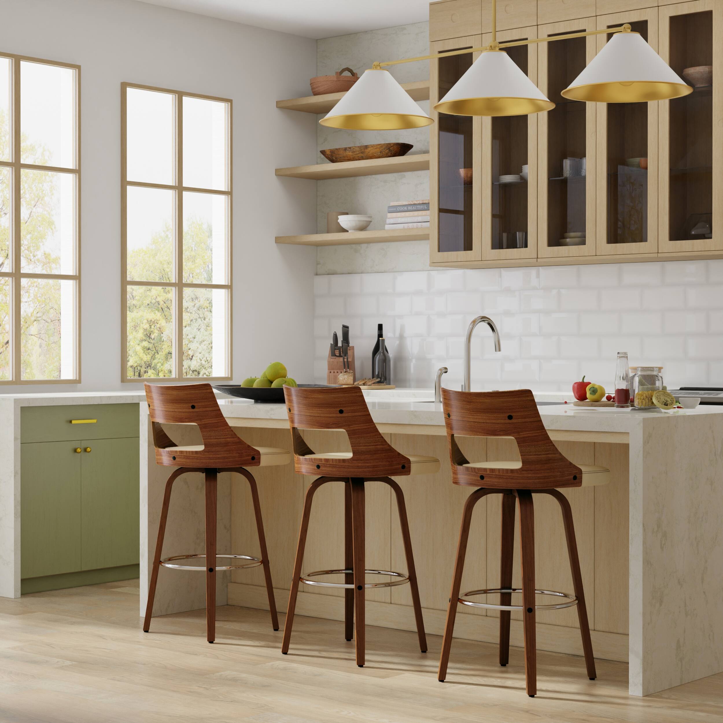 Angle. Simpli Home - Dallyn Contemporary 17 inch Swivel Bar Stool (Set of 2) in Cream Vegan Faux Leather - Cream.