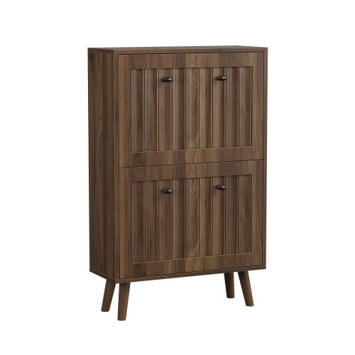 Alt View 4. LUCKY ONE - 23.6in Freestanding Walnut Shoe Cabinet with Vertical Grooved Finish Tilt-Out Drawers for Entryway - Walnut.
