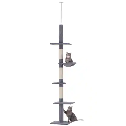 Front. Pawhut - 102" Adjustable Height Floor to Ceiling Cat Tree, 5 Level Cat Tower with Scratching Posts, Hammock - Grey.