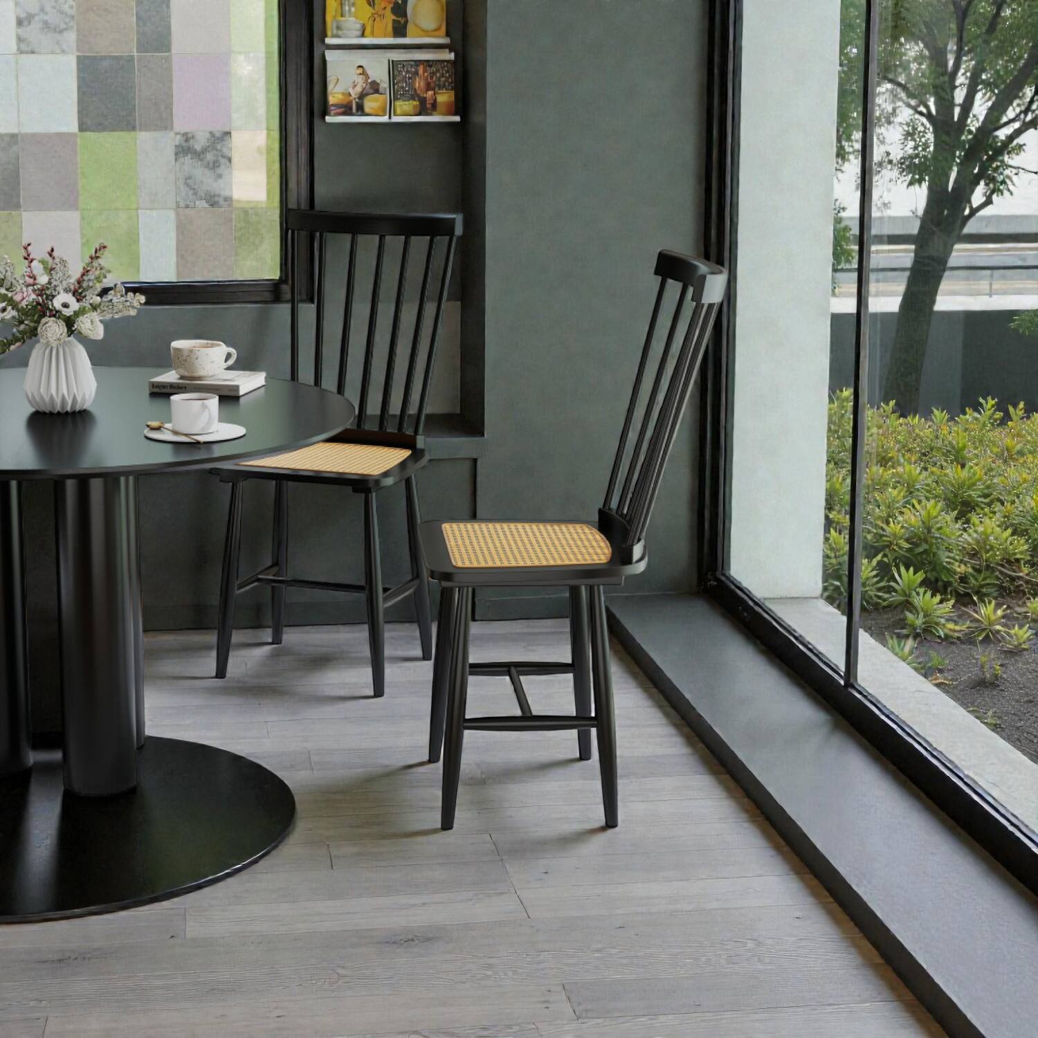 Front. Hivvago - Rustic Rubberwood Chair with Durable PE Rattan Seats - Set of 2 - Black, Natural.