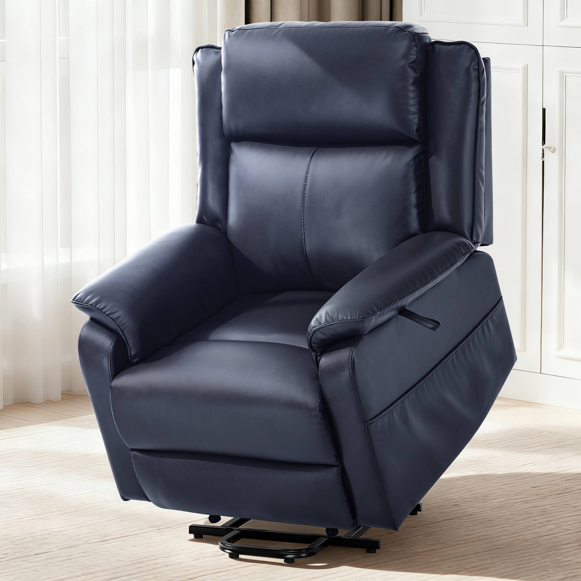 Left. Brick Attic - 36.2″ Luxury Power Lift Recliner Chair with Heated Massage and Electric Recline for Elderly, PU Leather - Blue.