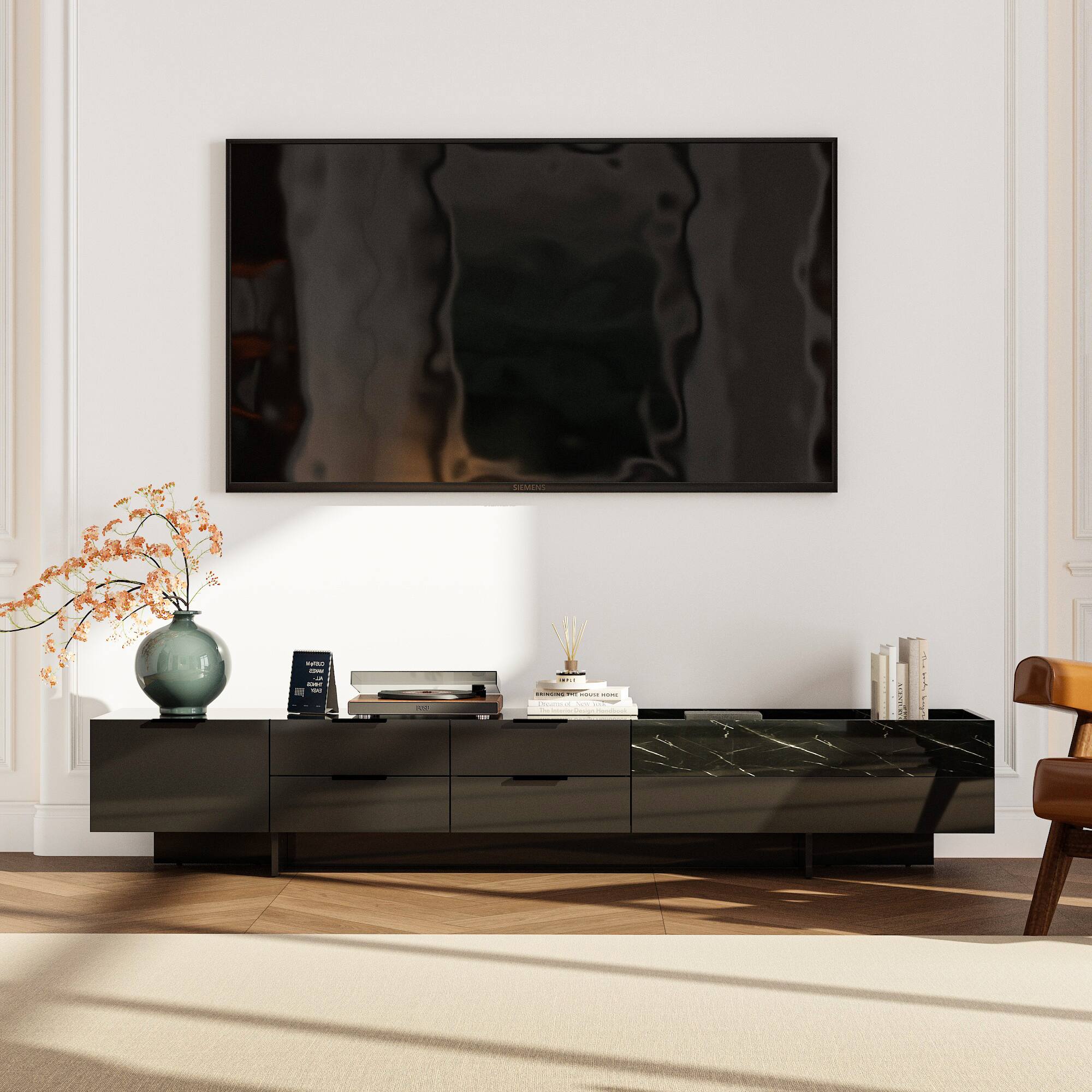 FUFU&GAGA - Modern High-Gloss Marble TV Stand for 75-Inch TV – Luxury Entertainment Console with Ample Storage - Black