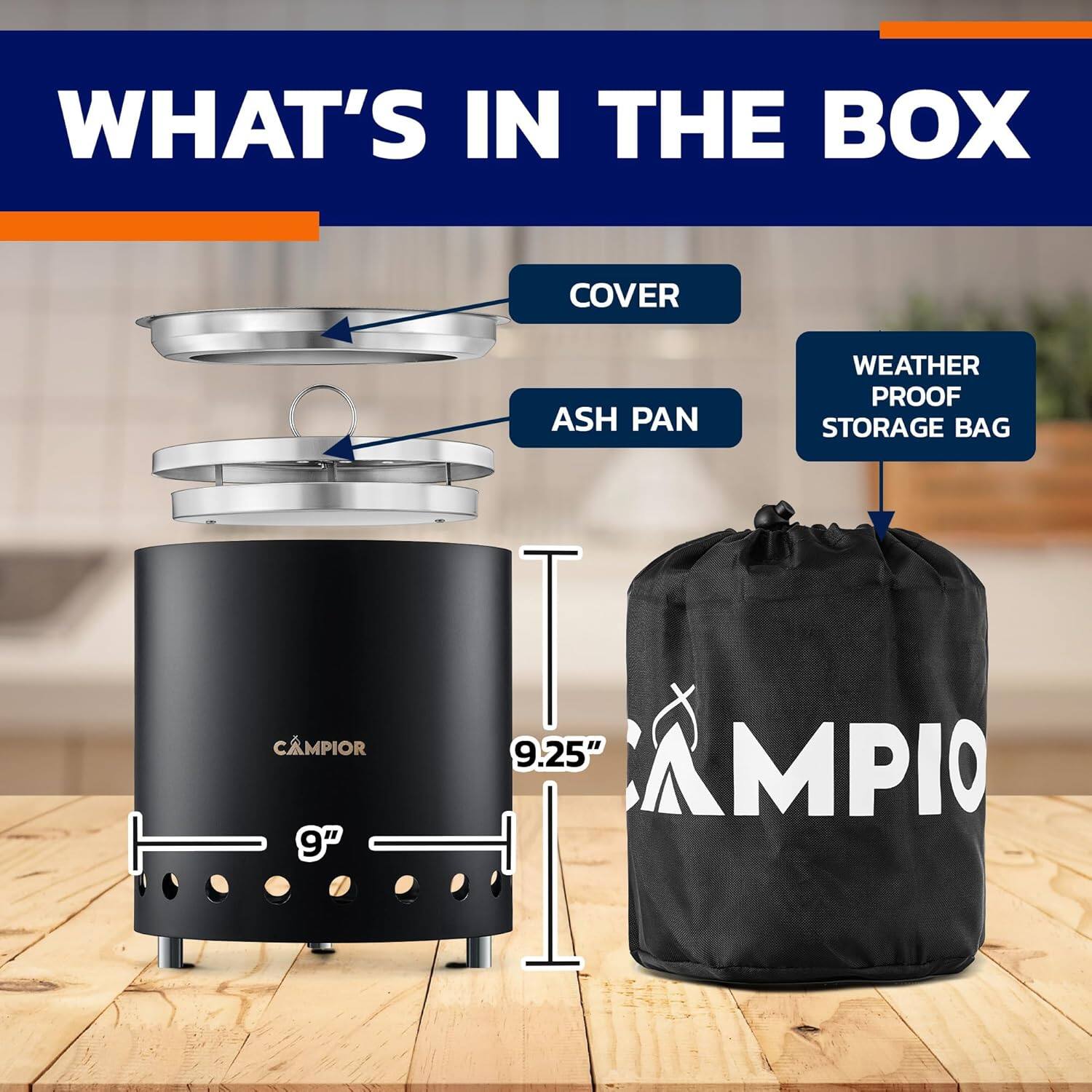 WHAT'S IN THE BOX, COVER, ASH PAN, WEATHER PROOF STORAGE BAG, CAMPIOR, 9", 9.25", CAMPIOR
