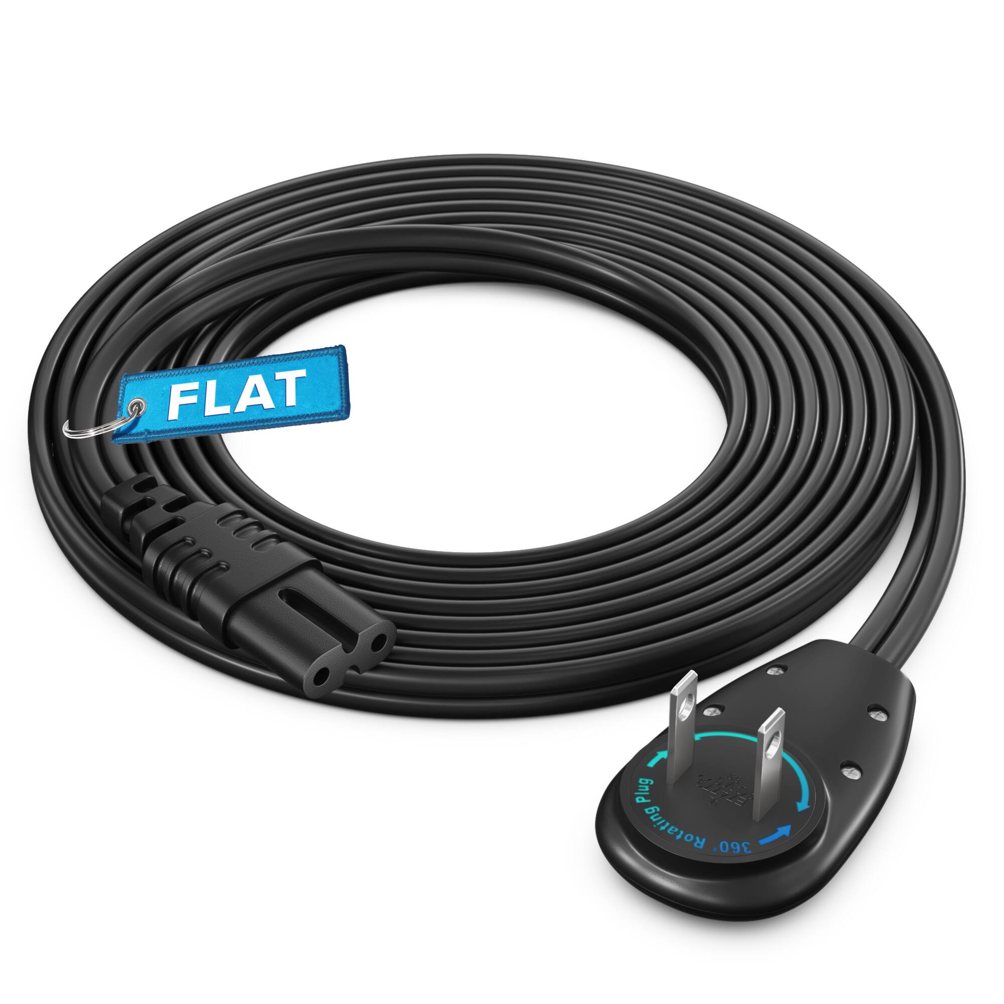 Maximm - 2-Prong TV Power Cord 8ft, 360° Rotating Flat Plug, UL Certified, Non-Polarized - Black