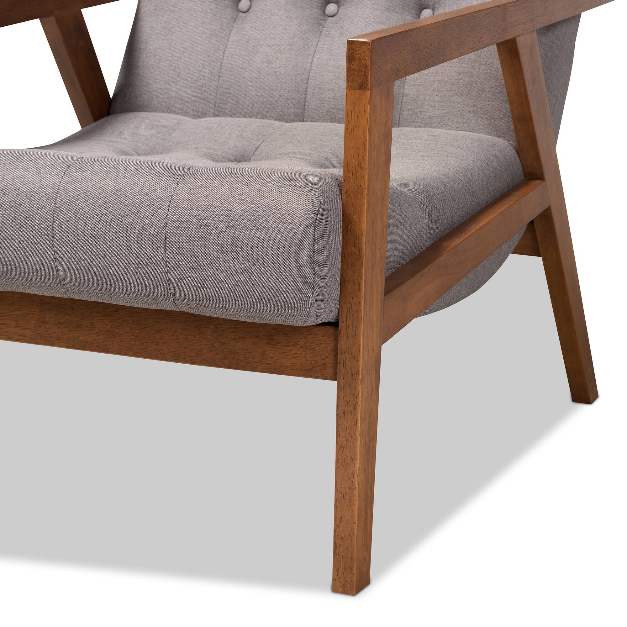 Alt View 2. Baxton Studio - Naeva Mid-Century Modern Fabric Upholstered Walnut Finished Wood Armchair - Grey/Brown.