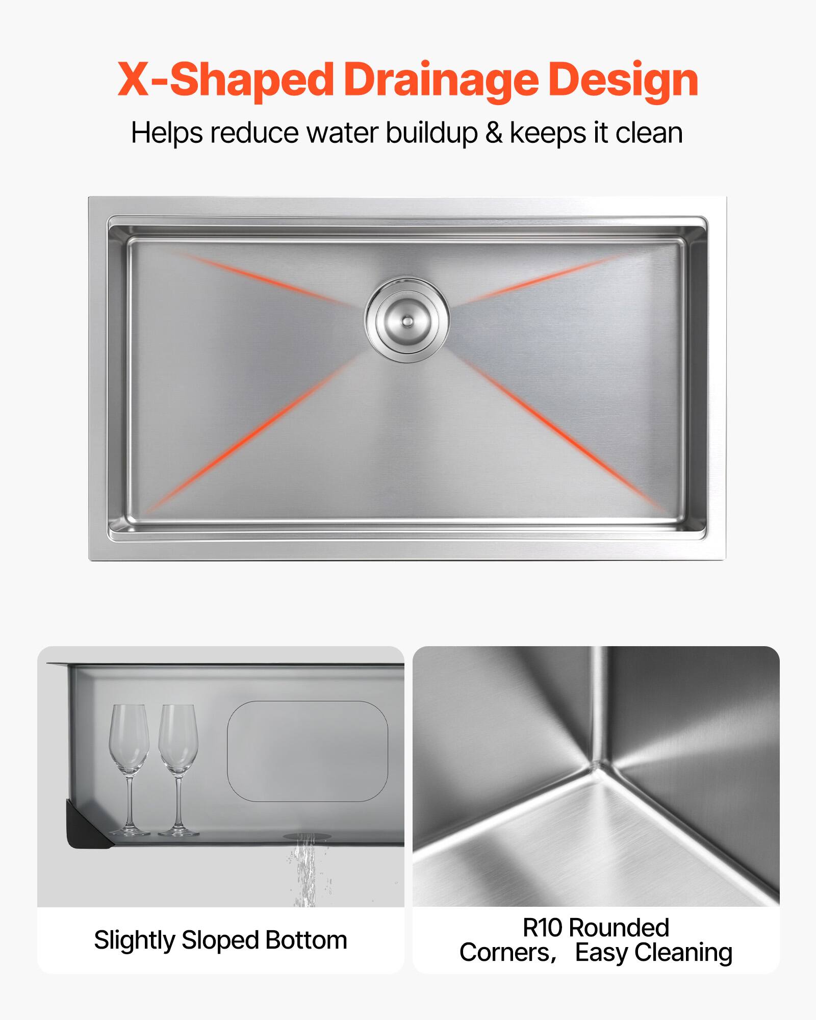 X-Shaped Drainage Design Helps reduce water buildup & keeps it clean  
Slightly Sloped Bottom  
R10 Rounded Corners, Easy Cleaning