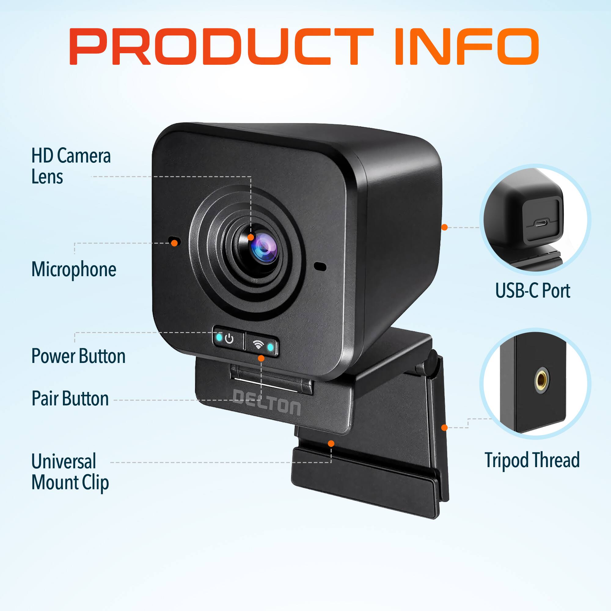 PRODUCT INFO
HD Camera Lens
Microphone
USB-C Port
Power Button
Pair Button
DELTON
Universal Mount Clip
Tripod Thread