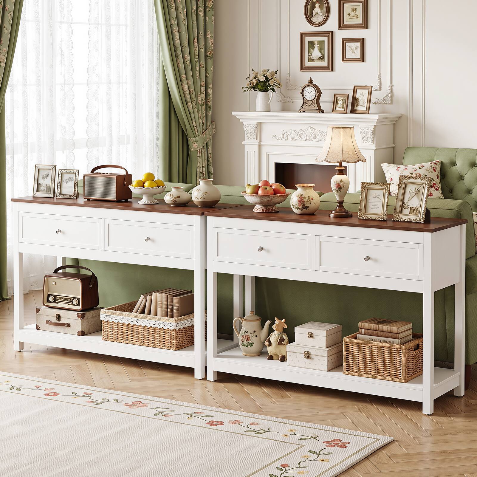 Alt View 7. Gymax - Gymax 47'' Farmhouse Console Table w/2 Drawers & Open Storage Shelf Anti-Topping Kits Brown & White - White.