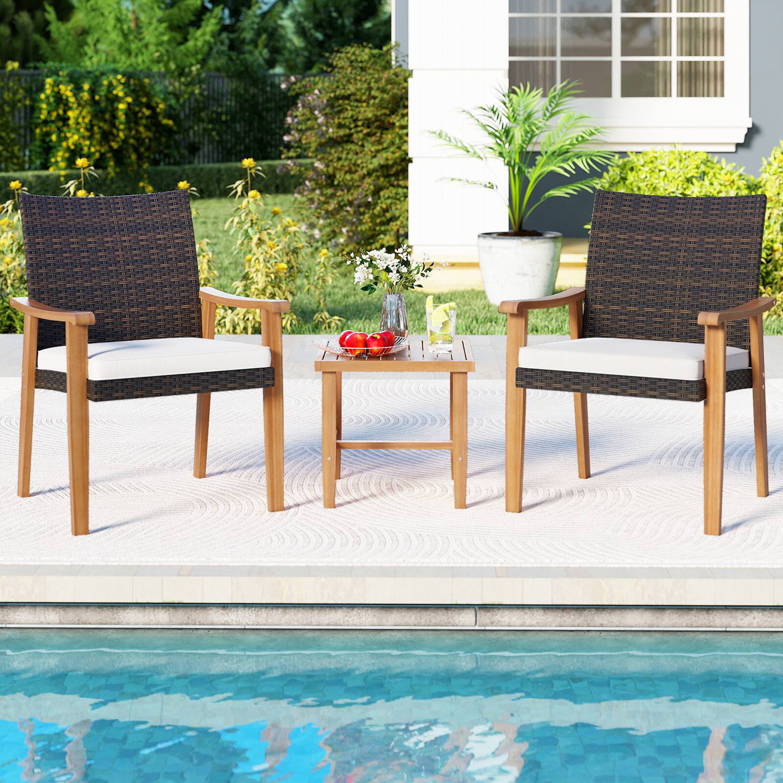 Alt View 1. Gymax - Gymax 3 PCS Patio PE Wicker Furniture Set w/Coffee Table & Cushions for Front Porch Outdoor - White.