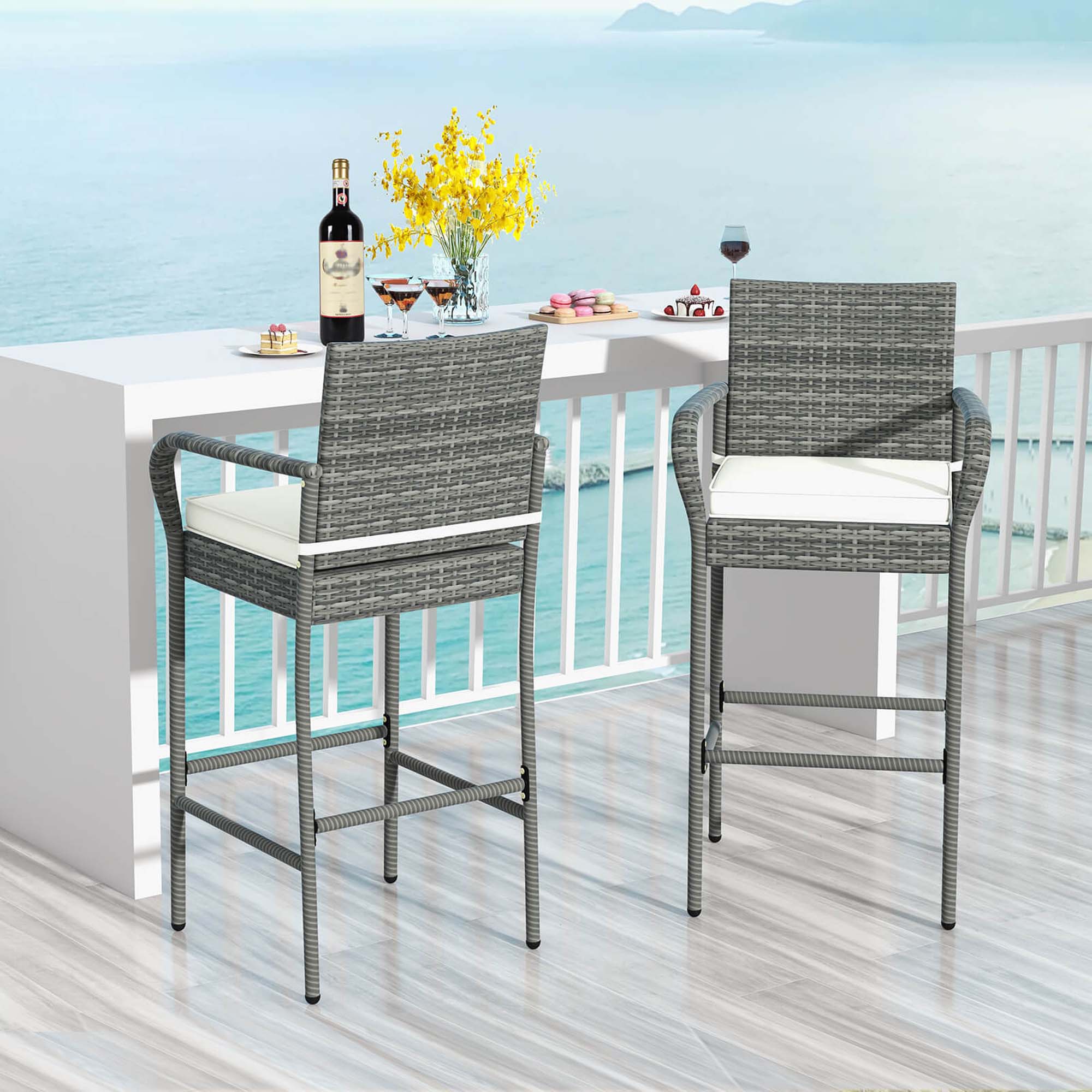 Alt View 1. Costway - Costway 4PCS Patio PE Wicker Bar Chairs Counter Height Barstools With Armrests &Cushions - Gray,Off White.