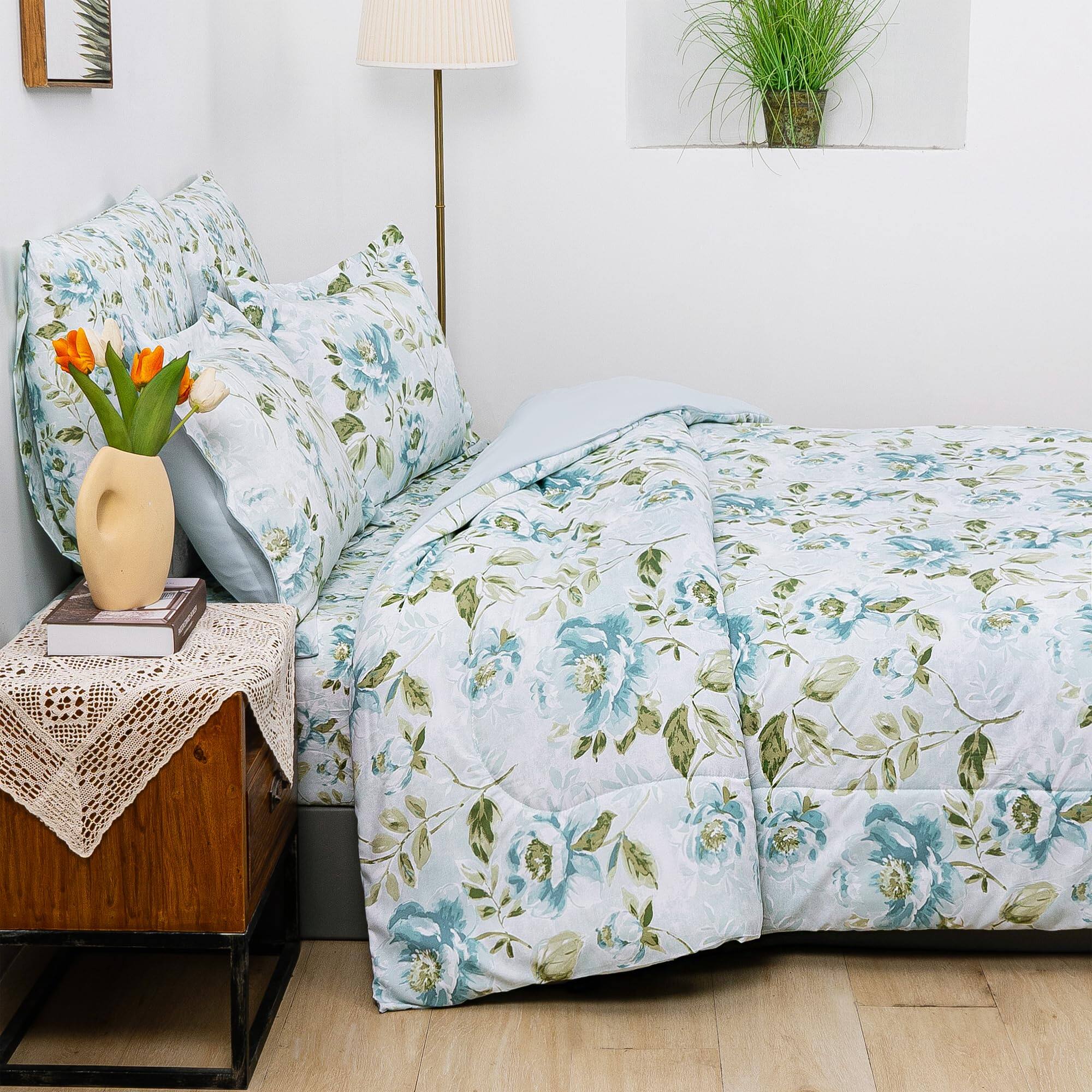 Alt View 5. PO3TICJUNKI3 - Floral Comforter Set Printed 7 Piece Bag In A Bedding All Season Lightweight Farmhouse With Sheets Leaves And - Green Leaves-Queen.
