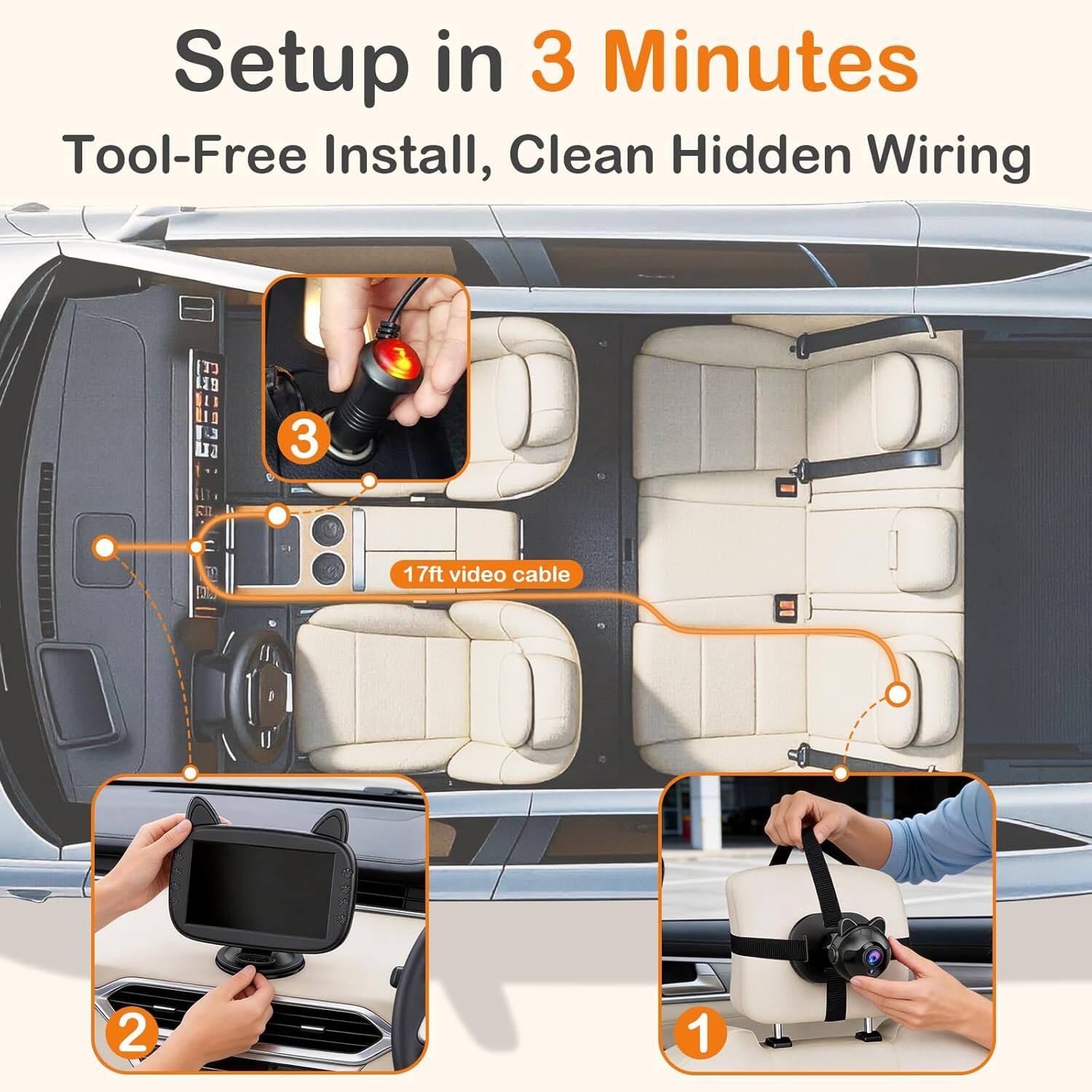 Setup in 3 Minutes  
Tool-Free Install, Clean Hidden Wiring  
1. 17ft video cable  
2.  
3.