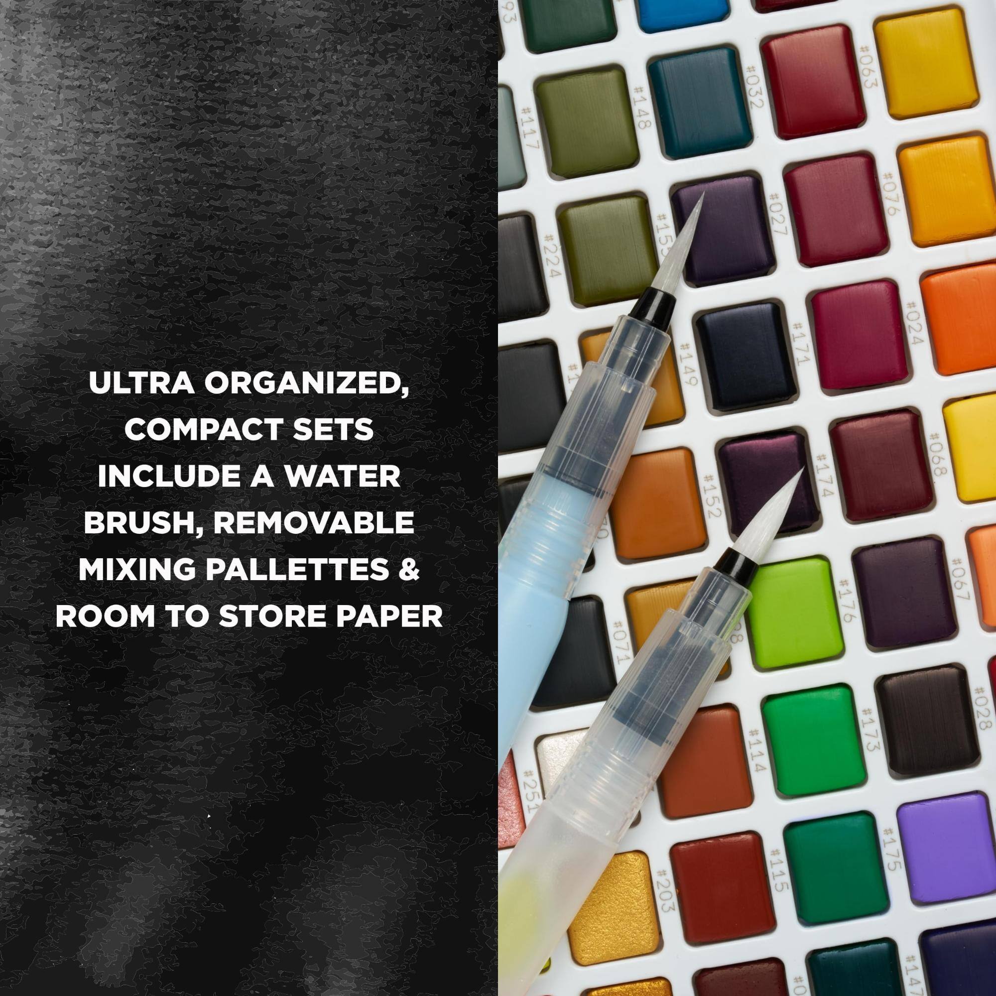 ULTRA ORGANIZED, COMPACT SETS INCLUDE A WATER BRUSH, REMOVABLE MIXING PALLETTES & ROOM TO STORE PAPER