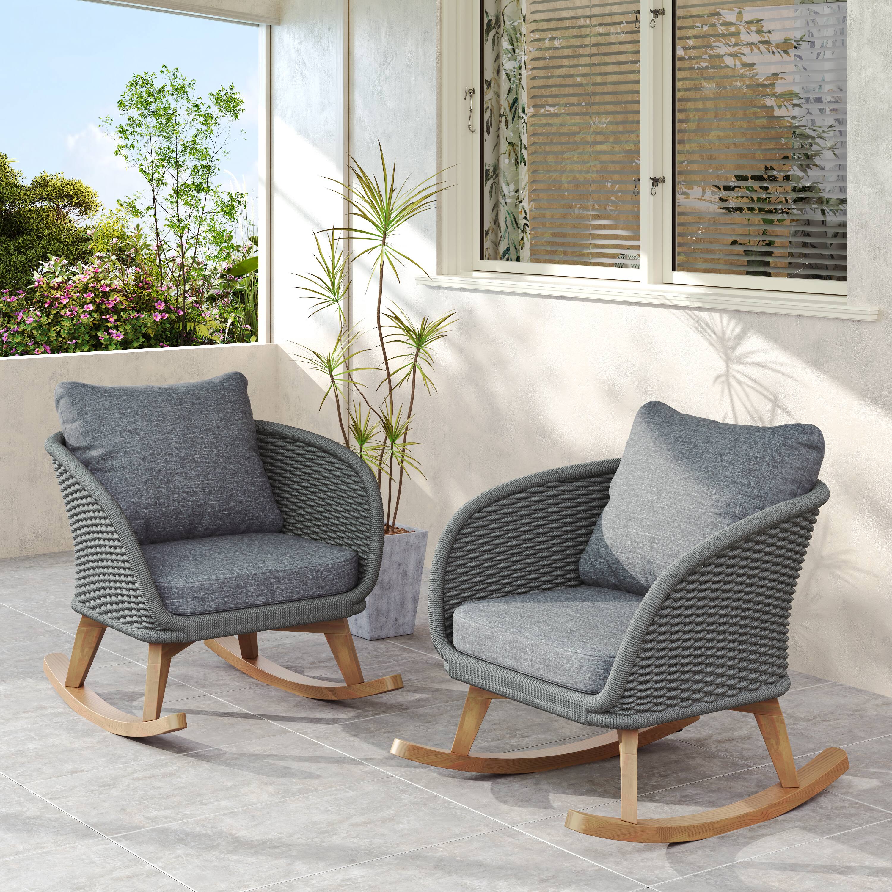Angle. Tiramisubest - [Set of 2] Minimalist Wicker Rocking Chair with Cushions and Wooden Frame for Indoor and Outdoor Spaces,Gray - Gray,Natural.