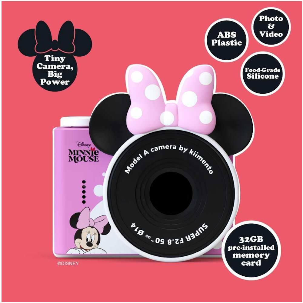 Tiny Camera, Big Power

ABS Plastic

Food-Grade Silicone

Photo & Video

Model A camera by Kimento

32GB pre-installed memory card

Disney MINNIE MOUSE

SUPER 50~0.50 F2.8

©DISNEY